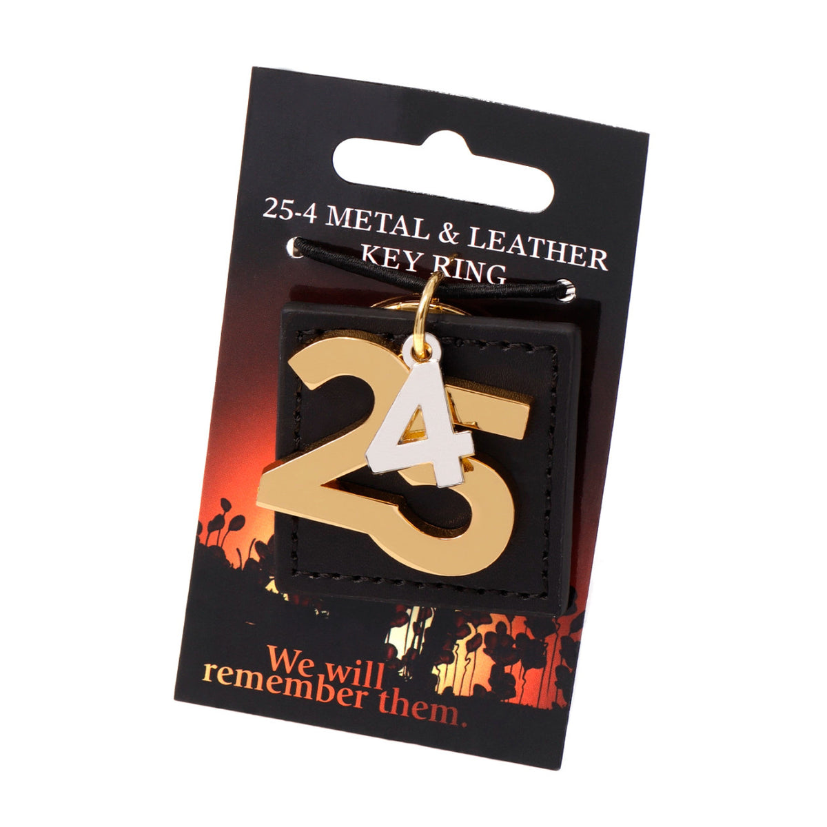 The 25 4 Metal & Leather Key Ring is a stylish and meaningful accessory inspired by the significance of Anzac Day in Australia. It features two separate metal charms elegantly suspended against a durable leather backing. www.moralepatches.com.au