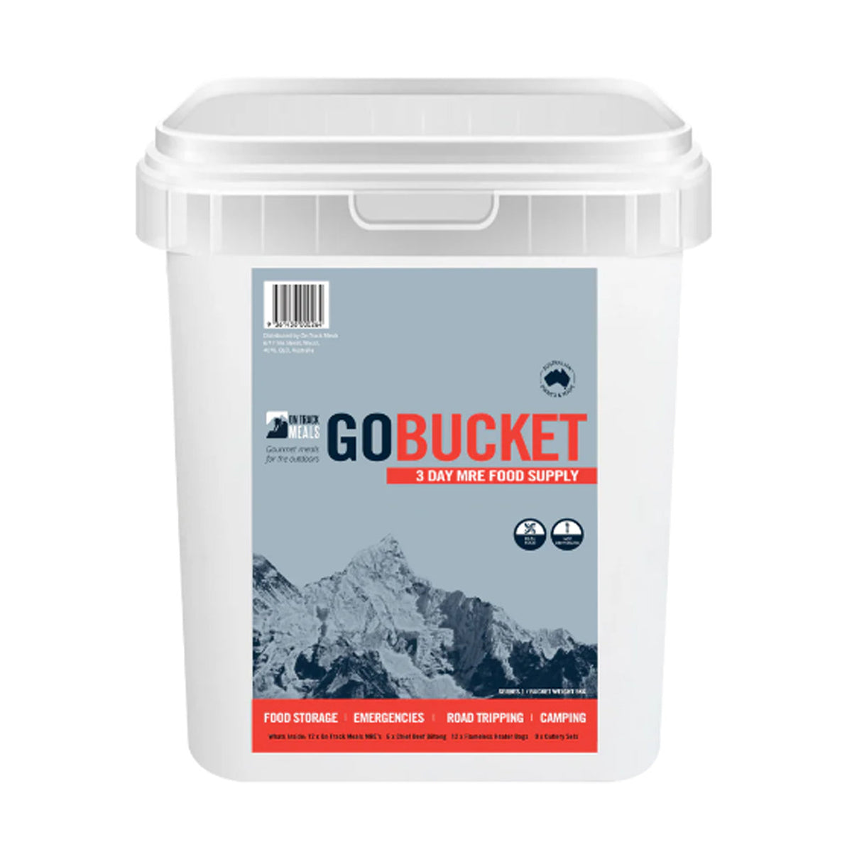 The GoBucket is a complete, ready-to-go 3-day food supply kit designed to meet your needs in emergencies, outdoor adventures, road trips, and camping. With a variety of gourmet MREs and essential extras, this bucket ensures you're well-fed and prepared wherever life takes you. www.moralepatches.com.au