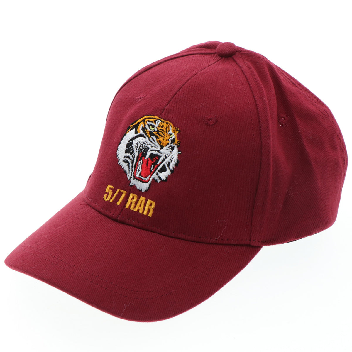 5/7 Battalion Royal Australian Regiment cap. This quality heavy brushed cotton cap features 5/7RAR embroidered on the front of the cap below the roaring tiger on the cap front. This maroon cap is one size fits most with an adjustable Hook-and-loop strap on the back. www.moralepatches.com.au