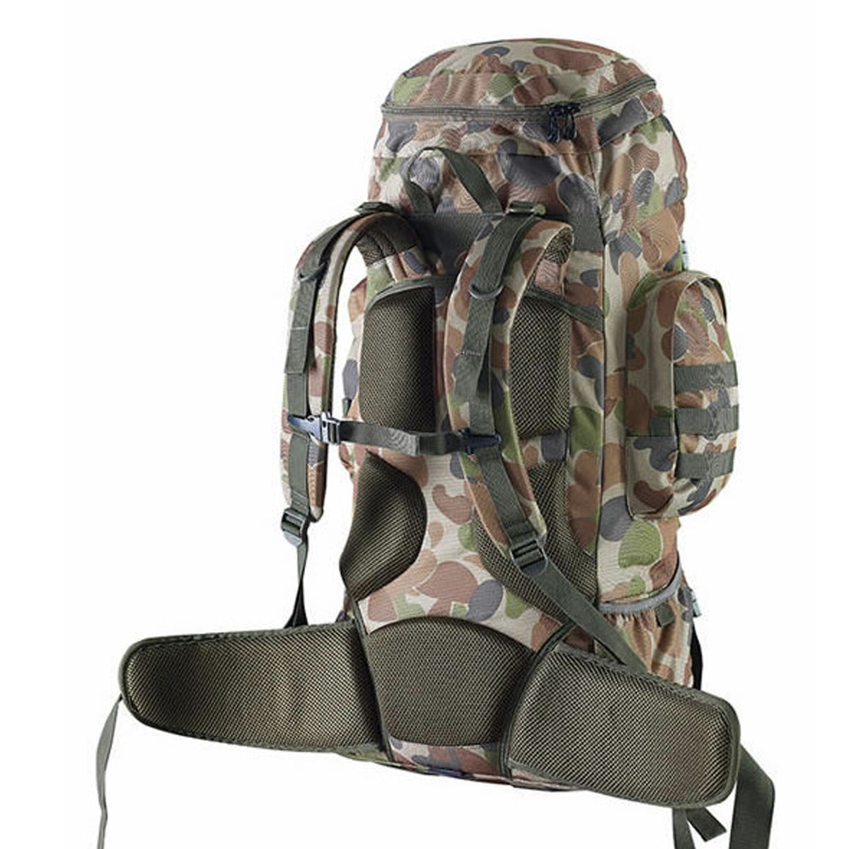 The Caribee Platoon is a military inspired 70L Auscam rucksack designed for hiking, camping and outdoor adventures. Built to last the toughest conditions this rucksack is constructed using HD 900D materials with reinforced load points. Three external pockets with molle fixings maximise your storage capability and speed to access to popular smaller items. A rugged AFS fixed harness system minimises possible failure points whilst providing great support for your adventure. www.moralepatches.com.au