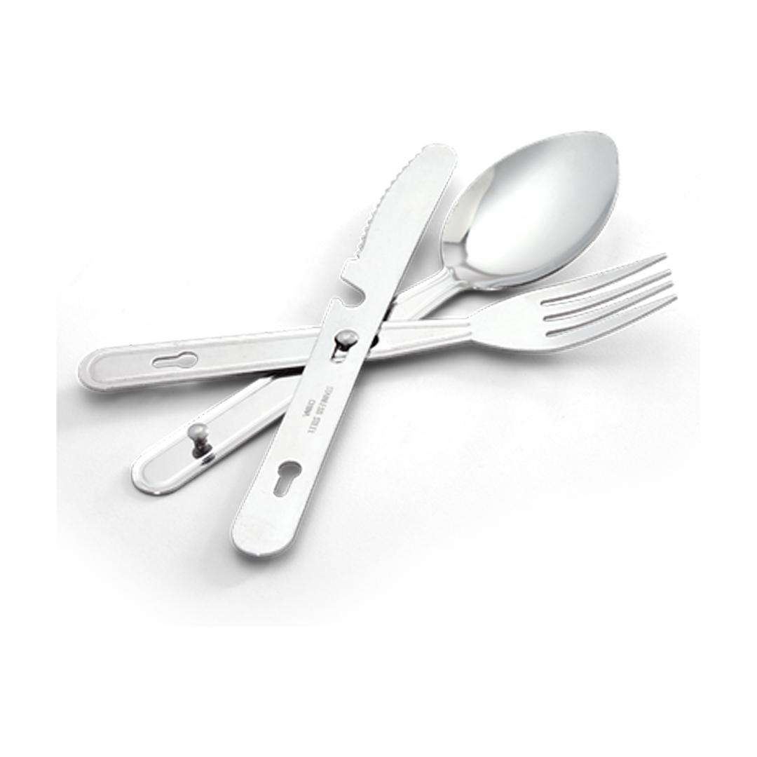 This three piece stainless steel knife, fork and spoon set clip together for easy carrying and storage.
Specifications:
Measures: 14.6cm x 2.54cm
Weighs: 70.9 g www.moralepatches.com.au