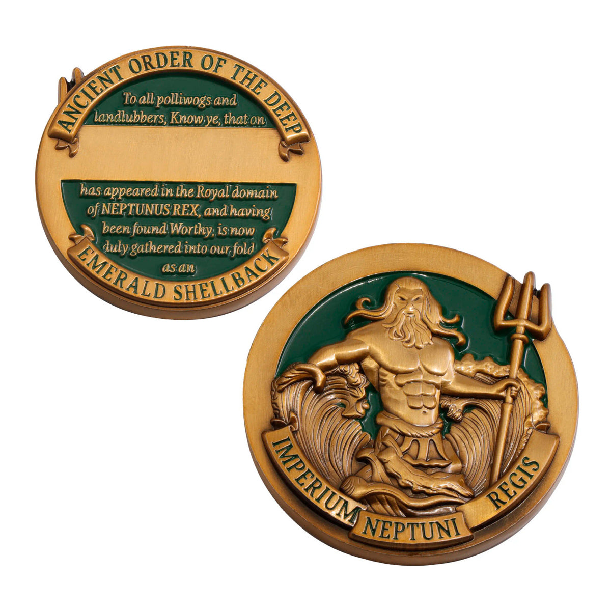 The Crossing the Line Emerald Shellback Medallion is a tribute to nautical tradition and triumph. Crafted with precision and centuries of seafaring legacy, this 48mm medallion is resplendent in antique gold plating and adorned with captivating emerald-green enamel. www.moralepatches.com.au