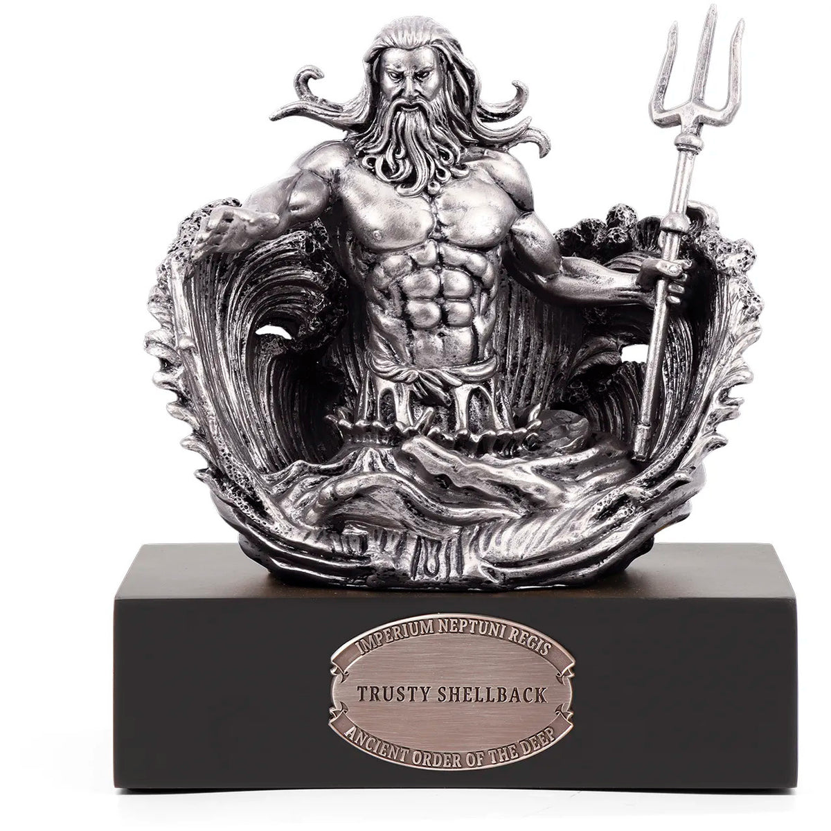 Standing at a commanding 150mm, it is a masterpiece crafted from cold cast bronze, elegantly finished in antique silver. At its heart, a magnificent three-dimensional sculpture of Neptune himself rises from the depths of the ocean, forever immortalized in silver, while perched atop a finely crafted timber block. www.moralepatches.com.au