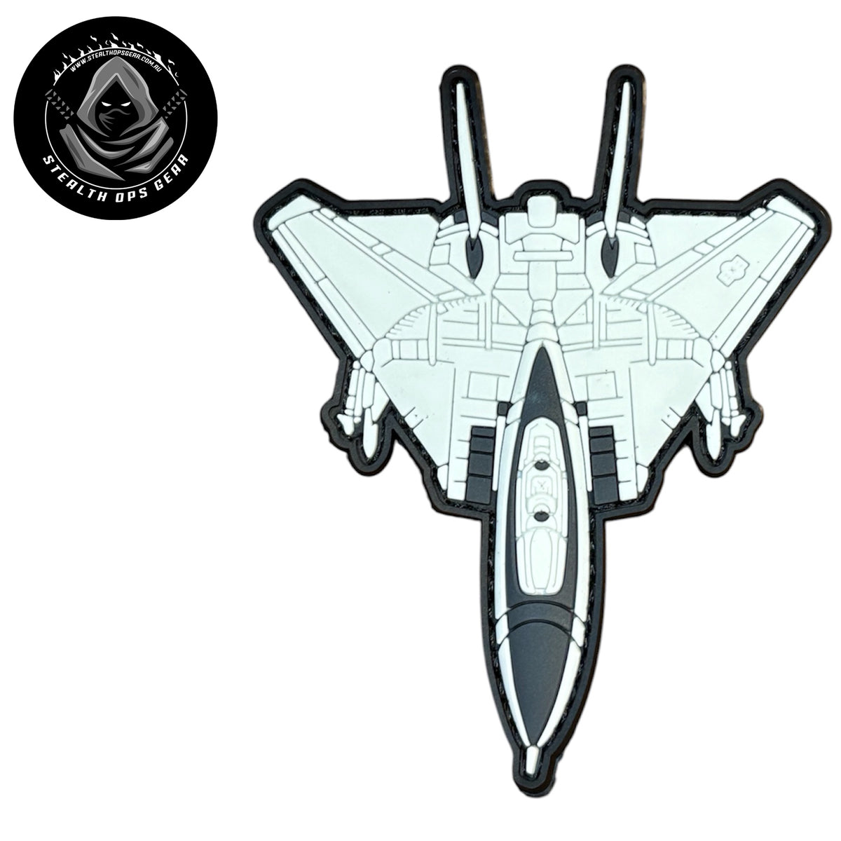 F14 Tomcat White PVC Morale Patch - Stealth Ops Gear. This bold PVC morale patch delivers attitude and authenticity to your tactical gear, backpack, or everyday carry. At 10x8cm, it's sized perfectly for visibility without overwhelming your setup. www.moralepatches.com.au