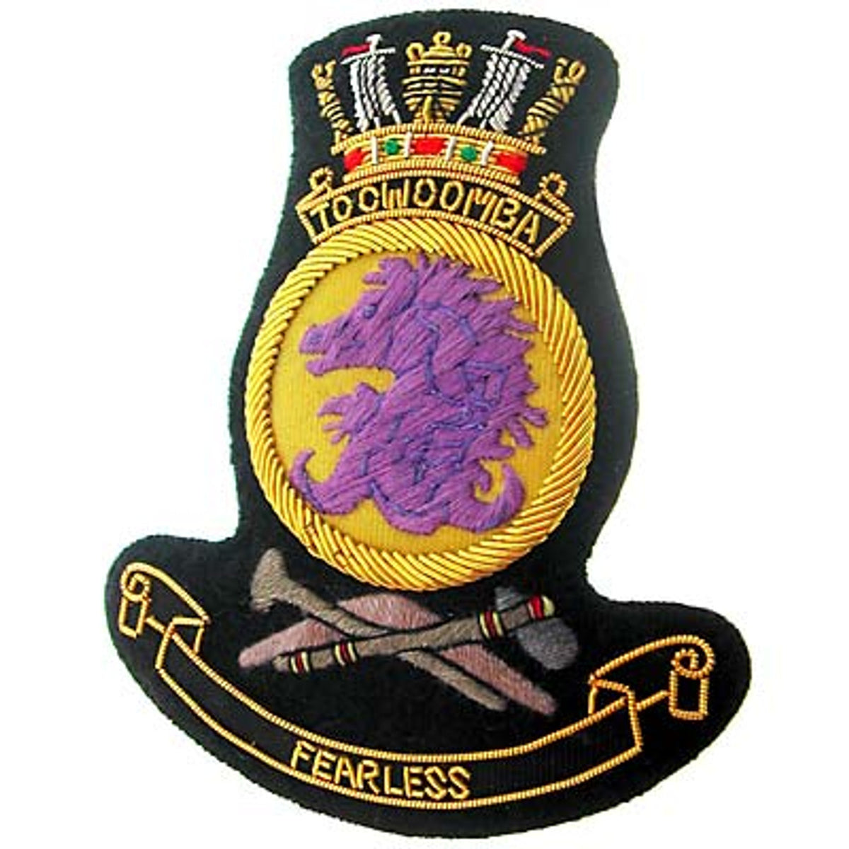This HMAS Toowoomba Bullion Pocket Badge is simply spectacular - adorn your blazer, bag, or any other item with an elegant, stately badge that measures a total of 80x80mm. The secure, 3-butterfly pin clasp on the back ensures that your badge is always in place. www.moralepatches.com.au