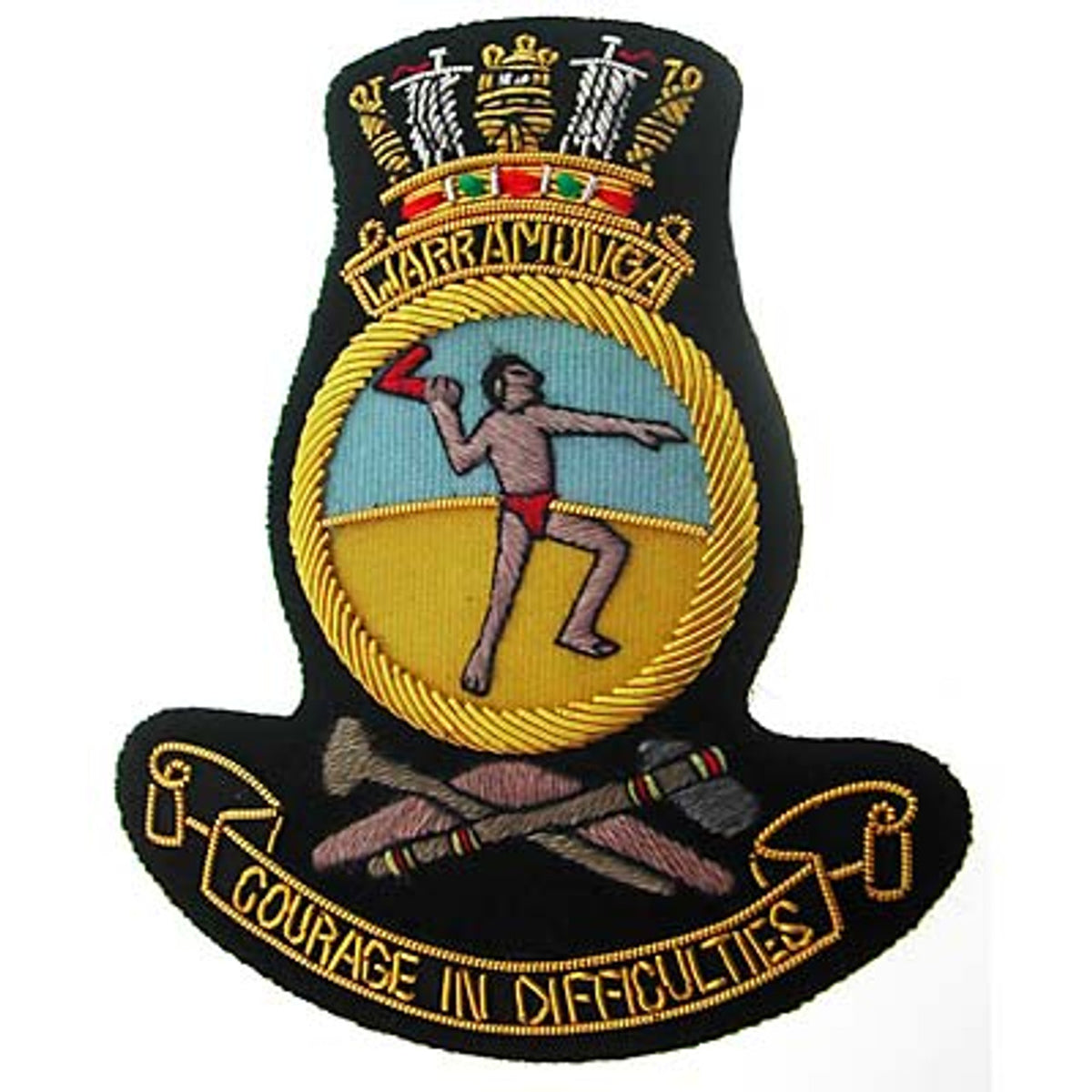 This HMAS Warramunga Bullion Pocket Badge is simply spectacular - adorn your blazer, bag, or any other item with an elegant, stately badge that measures a total of 80x80mm. The secure, 3-butterfly pin clasp on the back ensures that your badge is always in place. www.moralepatches.com.au