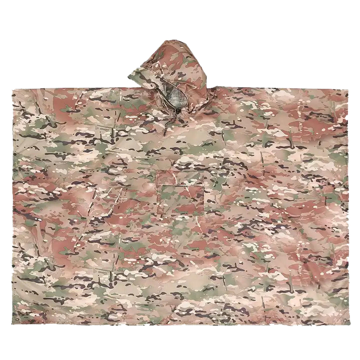 This poncho is made from durable 100% polyester and showcases a Multicam pattern, ensuring both functionality and style. Its waterproof PU2000mm rating keeps you dry in any weather, while the front pocket and snap closure provide convenience. The included stuff bag makes it portable, and the grommets on every corner allow for secure use in any situation. Sized at 210x140cm, it's compact and lightweight for easy packing. www.moralepatches.com.au