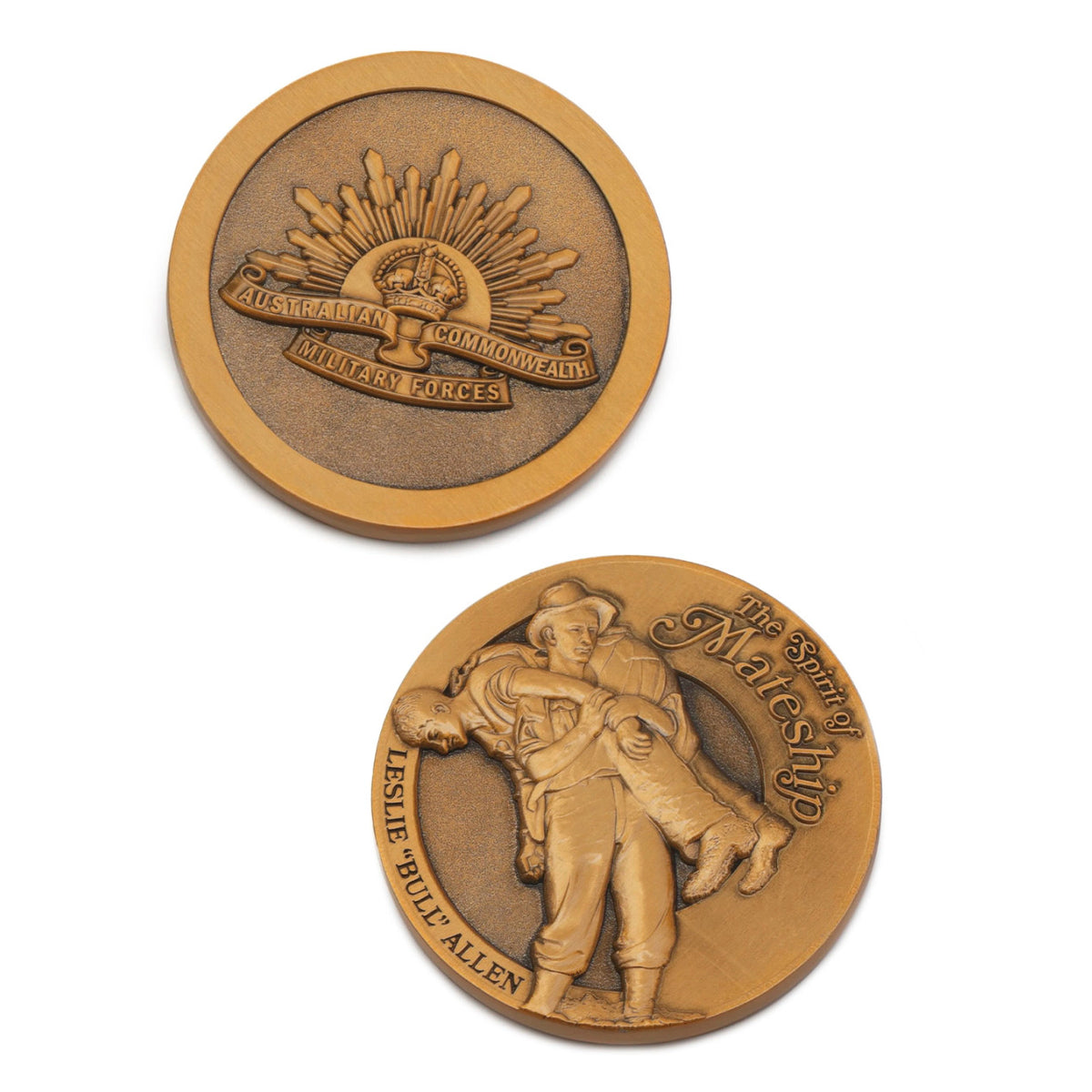 The Leslie Bull Allen Spirit of Mateship Medallion is a distinguished symbol of bravery and solidarity that pays homage to an extraordinary act of heroism. Crafted with meticulous attention to detail, this 48mm oxy brass medallion is a collector's delight. www.moralepatches.com.au