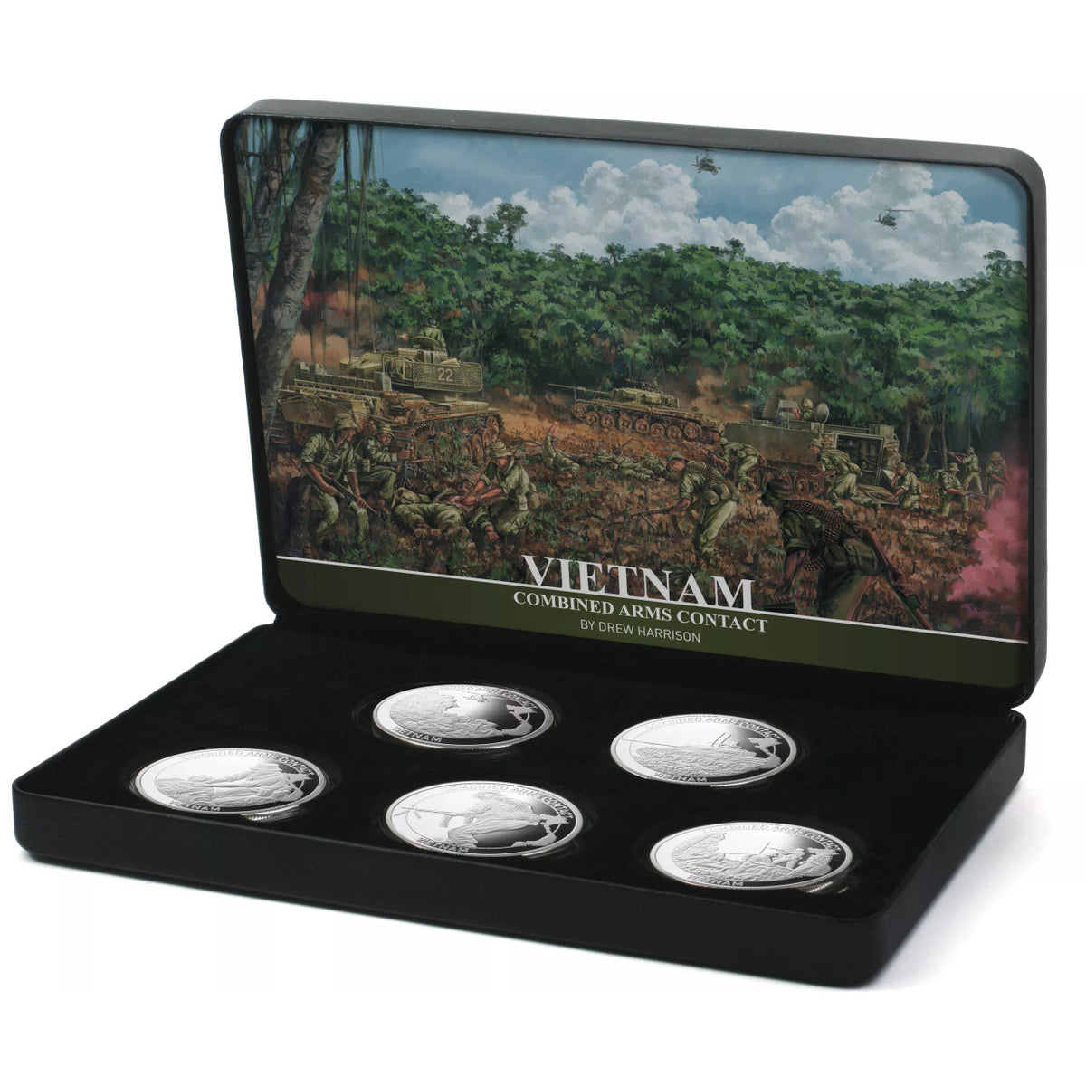 The Vietnam 1969 Combined Arms Contact Limited Edition Medallion Set is a true collector's item. Each medallion in this set is meticulously crafted from brass alloy and finished in highly polished and frosted silver. www.moralepatches.com.au