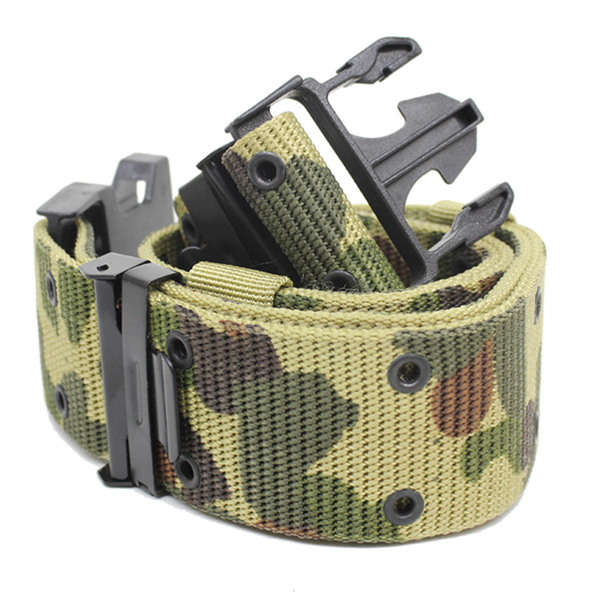 Be prepared for any adventure with the perfect pistol belt! Developed for military and law enforcement, this nylon belt is equipped with a side release clip for quick access to your supplies. Compatible with the Alice pouch and webbing system, it's made of durable nylon with two grommets for attaching accessories for rock climbing, fishing, hunting, and hiking. Nylon/metal/plastic fastening clip, fits up to 108cm. www.moralepatches.com.au