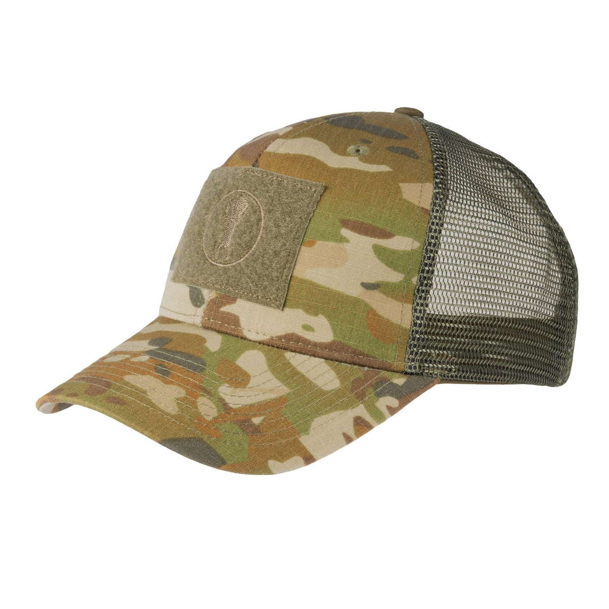The Mid-Pro Trucker Cap features Genuine TFP 50/50 Nyco Ripstop front crown panels and poly-mesh back panels. The front has a colour-matched 55x75mm Velcro panel for morale patches. Also features a precurved visor, cotton sweatband, adjustable velcro fastener in back, and no button on the top of the cap. www.moralepatches.com.au