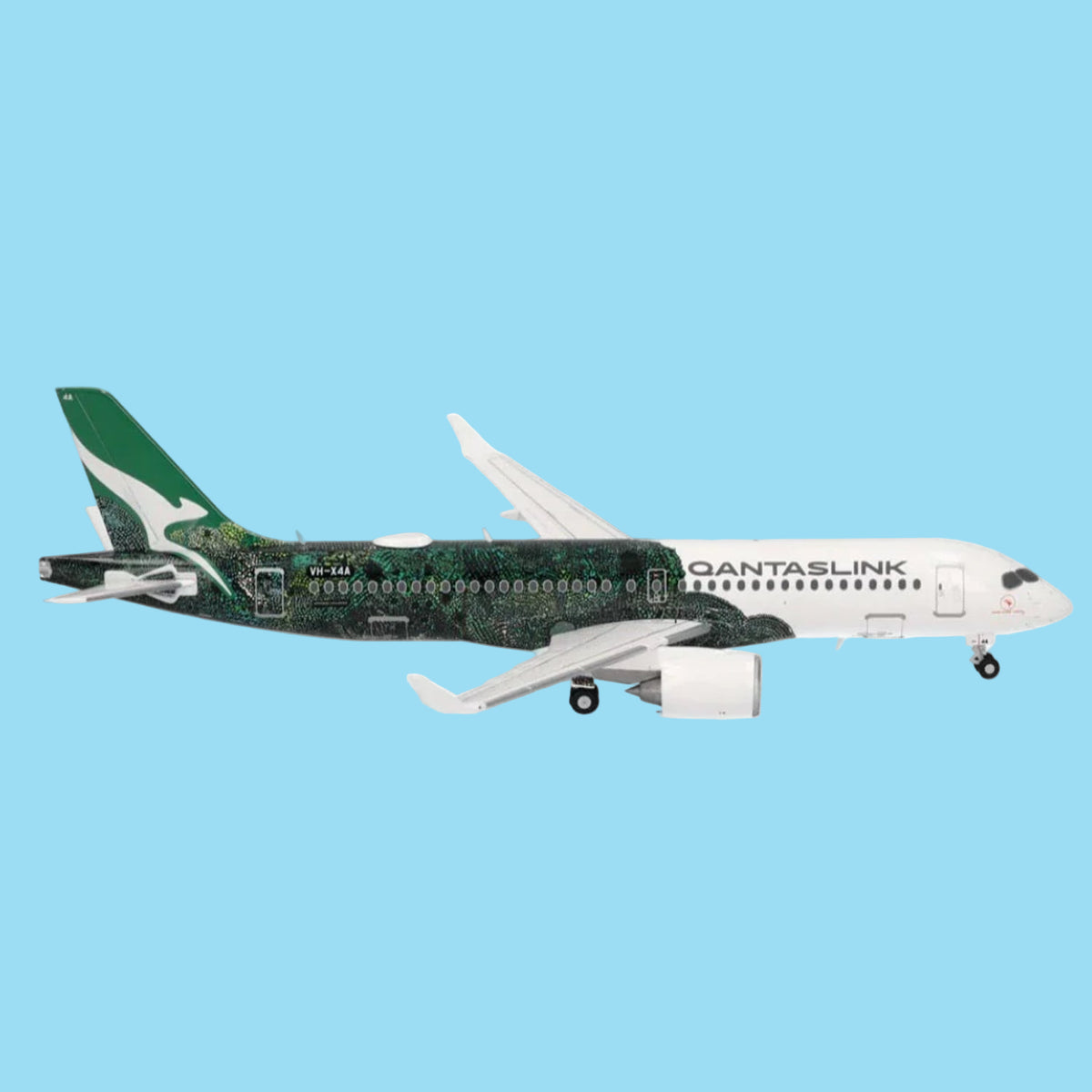 Celebrate Indigenous Australian artistry with this captivating 1/200 scale Airbus A220-300 from Herpa's exclusive Flying Art Series, featuring the stunning "Minyma Kutjara Tjukurpa" livery on QantasLink. www.moralepatches.com.au