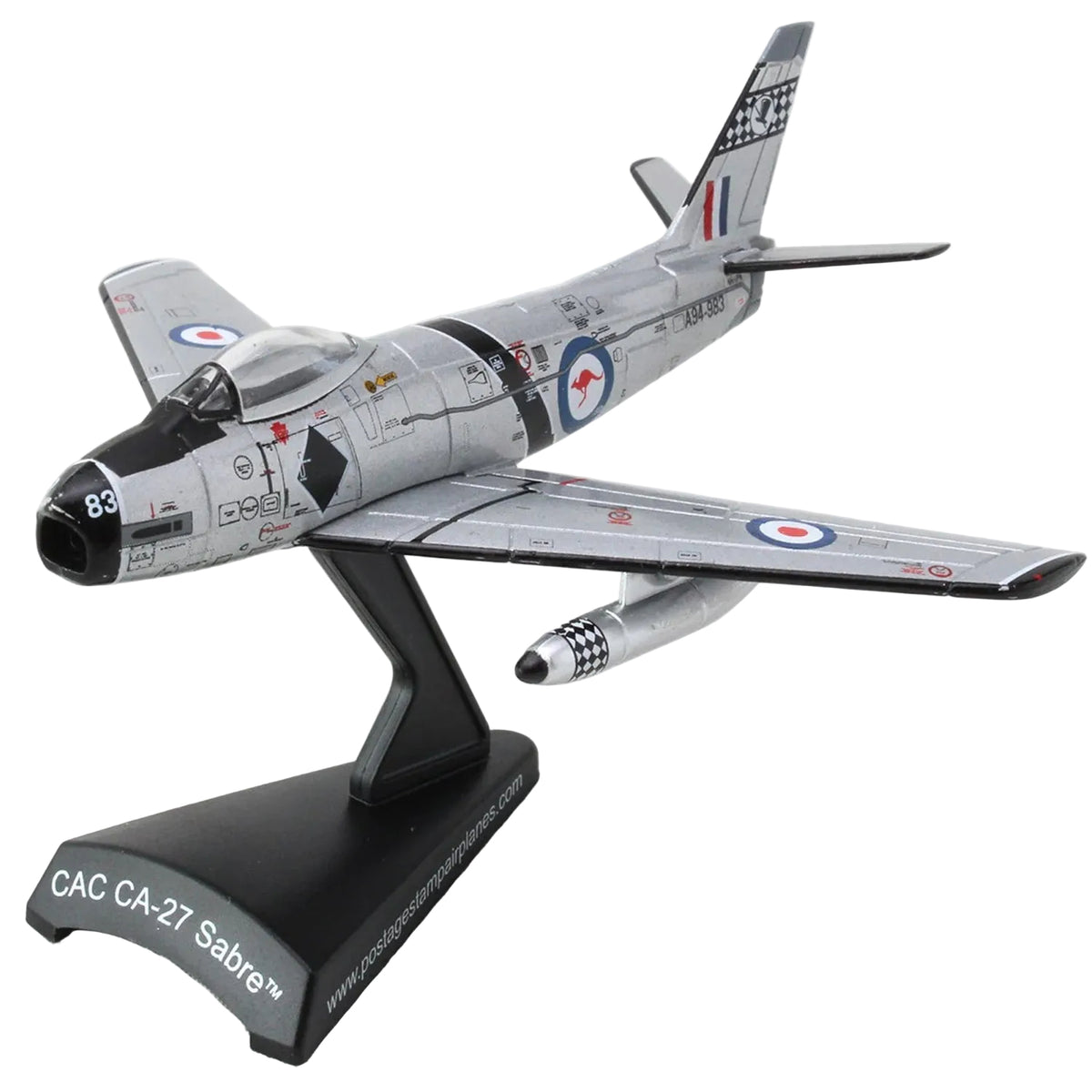 The CAC-27 Sabre represents a pivotal chapter in RAAF aviation history, serving as a key platform during the Cold War era. This Postage Stamp 1:110 scale diecast metal model faithfully reproduces the aircraft's authentic RAAF livery and markings with museum-quality precision. www.moralepatches.com.au