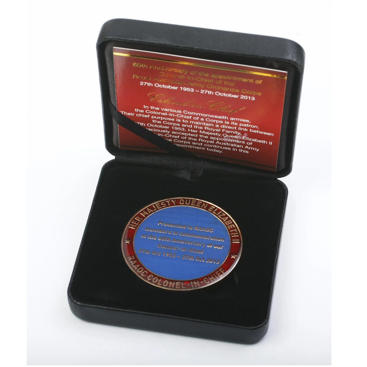 Celebrate the 60th anniversary of RAAOC with this stunning 48mm medallion, plated in gold and filled with vibrant enamel. Presented in a VIP box, it is truly a collector's treasure. Remember this once-in-a-lifetime milestone with a luxurious 48mm medallion, plated in elegant gold and filled with rich, vibrant enamel. Carefully presented in a VIP box, it's a must-have for collectors and a symbol of pride and honor. www.moralepatches.com.au