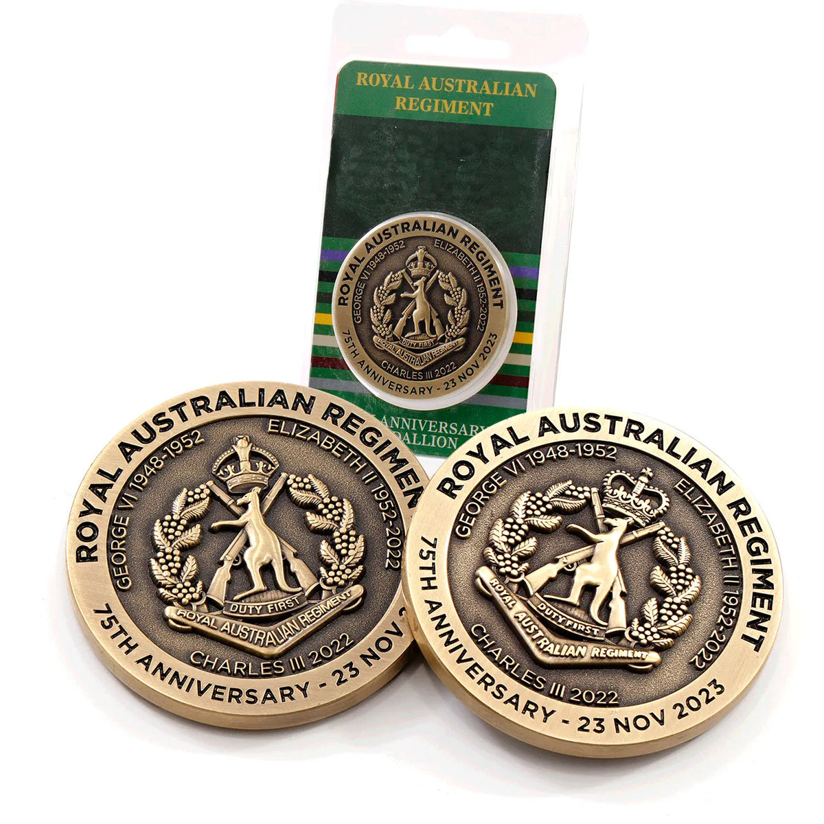 Introducing the 75th Anniversary Royal Australian Regiment Medallion in blister pack - a stunning tribute to a storied history of valour, dedication, and unwavering service. www.moralepatches.com.au