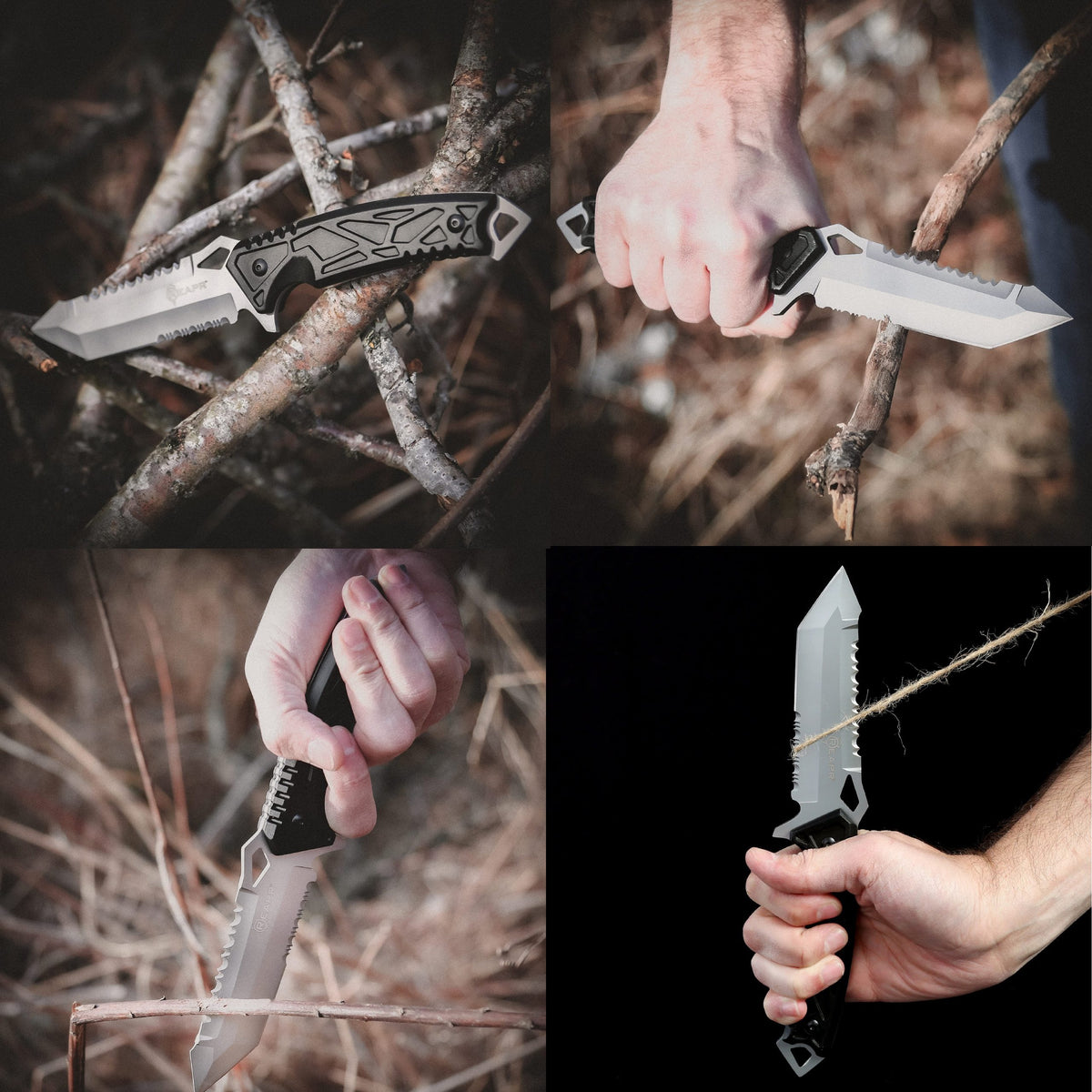 This serrated full tang knife is the ideal camping and hunting companion. The REAPR 11011 Javelin Fixed Blade Knife features a spiked window glass breaker and a sawed-back dual edge serrated camping knife for cutting twigs and twine and branches. www.moralepatches.com.au