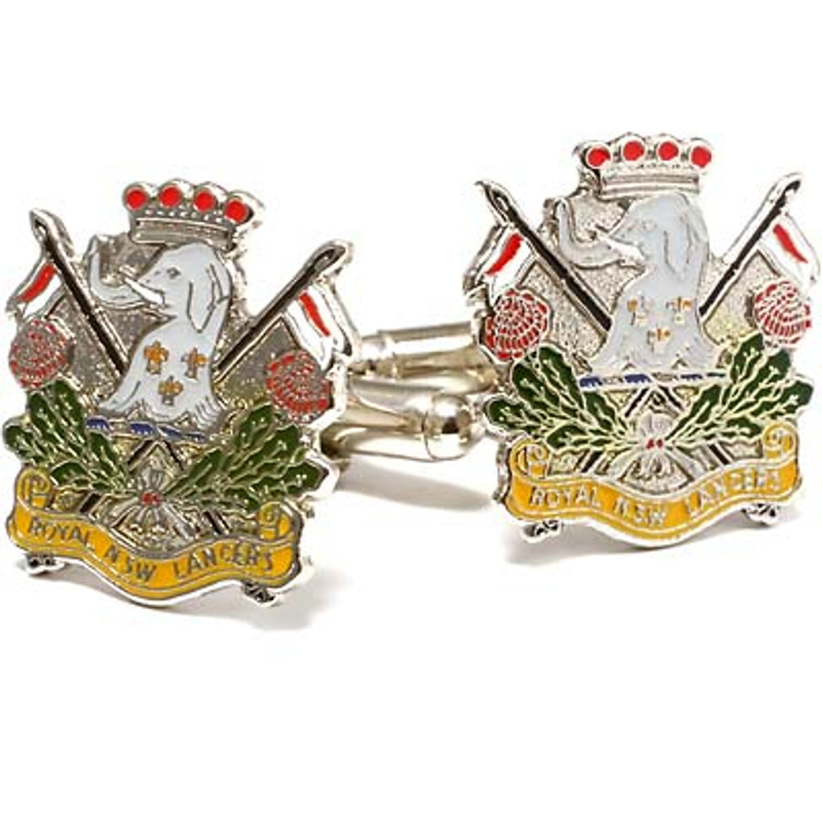 Show your pride and commitment with these sparkling Royal New South Wales Lancers (RNSWL) 20mm cuff links. With full colour enamel and gold plating, these gorgeous accessories will bring a touch of style to any work outfit or special occasion. www.moralepatches.com.au