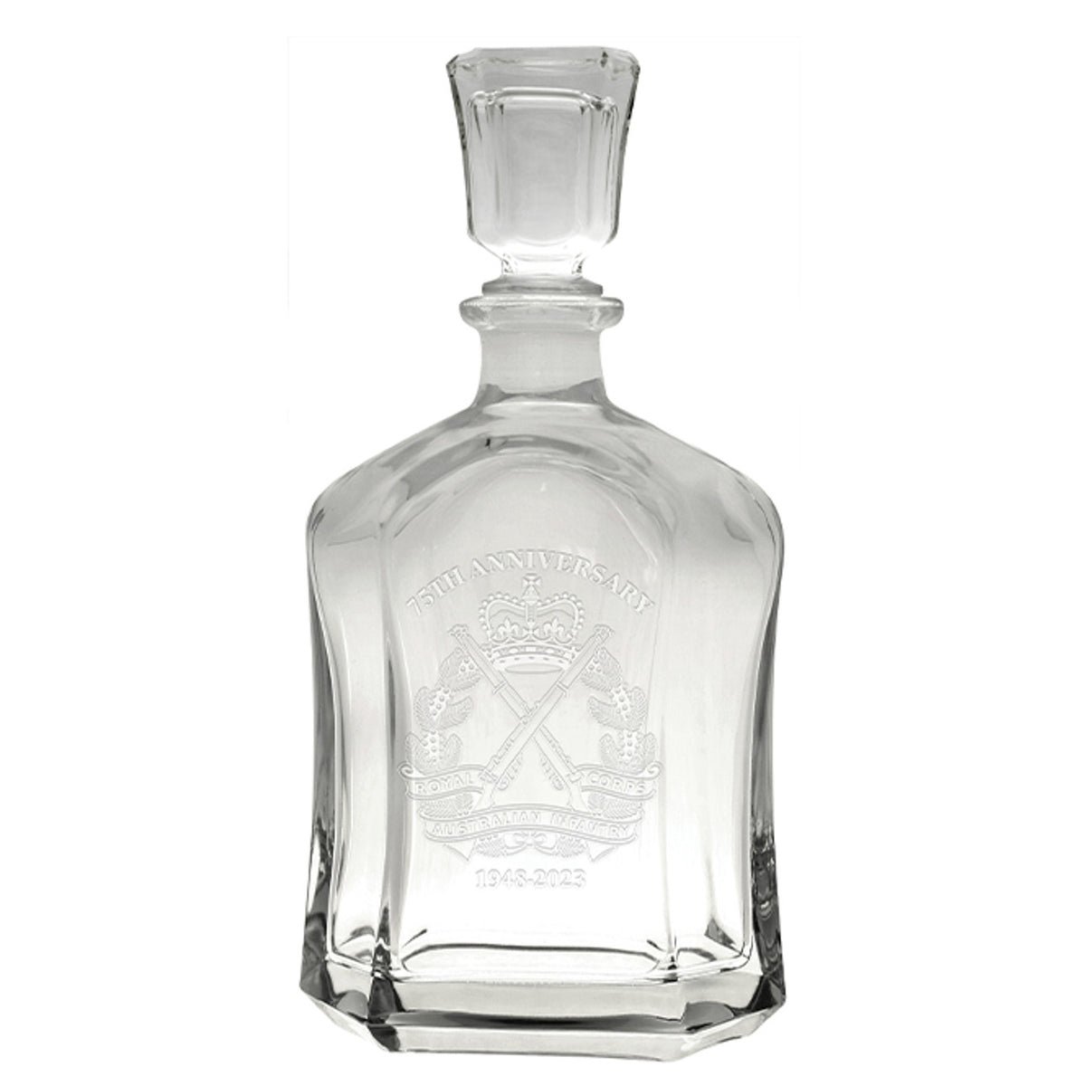 Bring your dining experience to life with the Rainf 75th Company Italian Glass Decanter. This elegant, 750ml decanter proudly displays the company crest, etched with precision onto the sleek glass surface. www.moralepatches.com.au