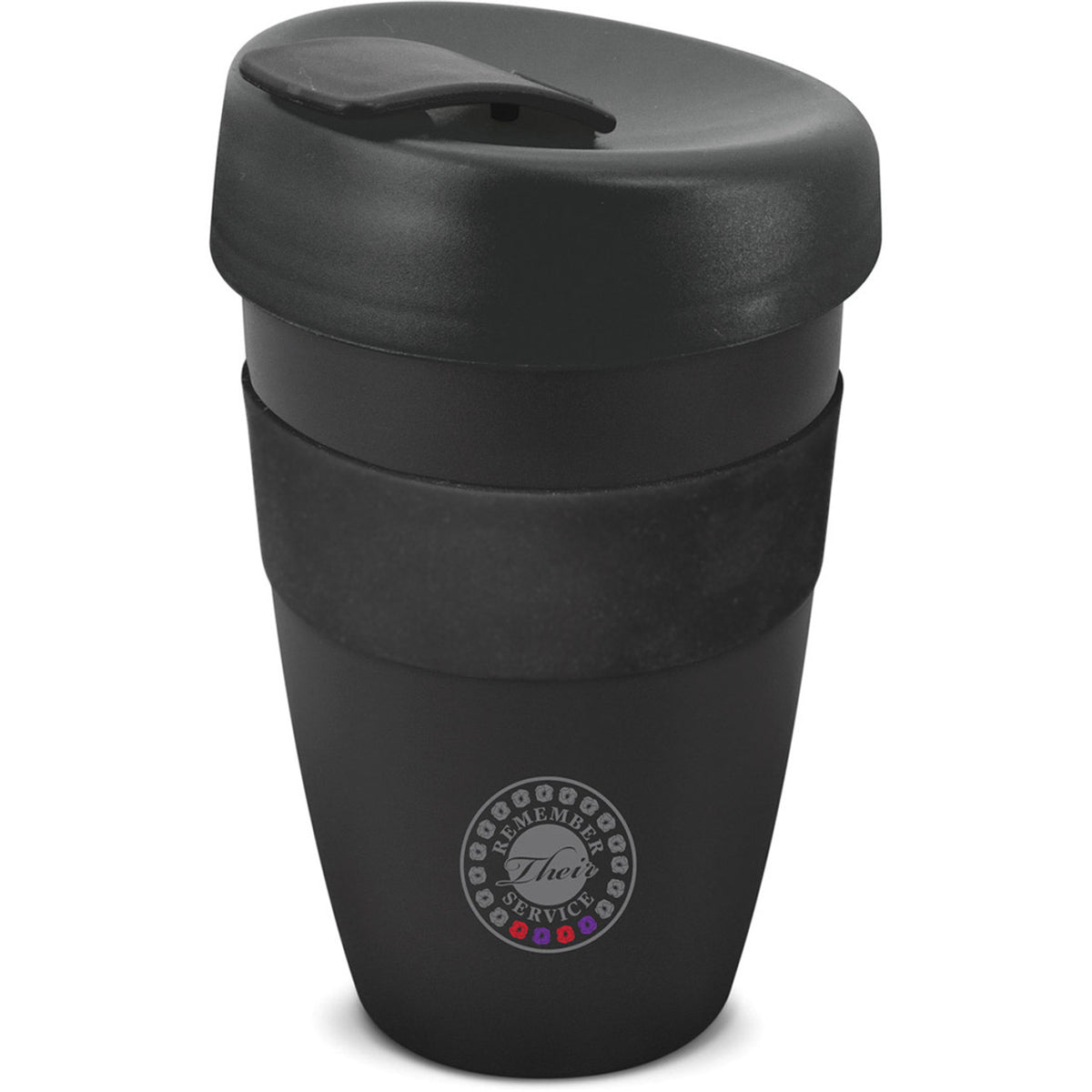 Introducing the Remember Their Service Red & Purple Poppy Reusable Coffee Cup. This unique cup features purple and red poppies, symbolizing the special bond between servicemen and women and war animals. www.moralepatches.com.au