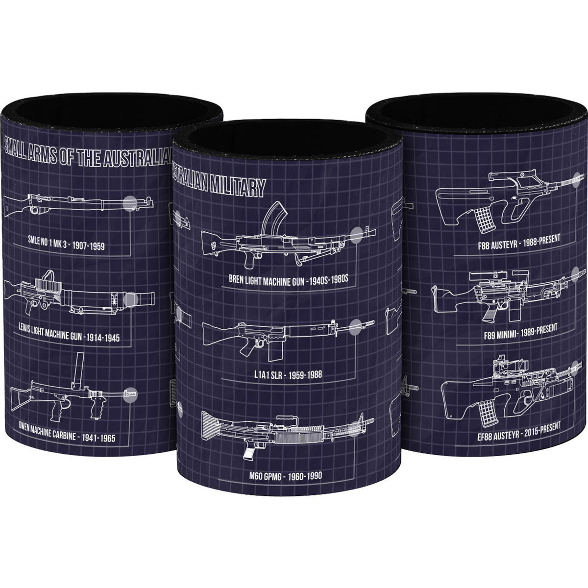 This drink cooler depicts schematics for nine iconic weapons that have seen service with the Australian military. It shows the SMLE No.1 Mk III, Bren Light Machine Gun, F88 Austeyr, Lewis Light Machine Gun, L1A1 Self Loading Rifle, F89 Minimi, Owen Machine Carbine, M60 GPMG and EF88 Austeyr. www.moralepatches.com.au