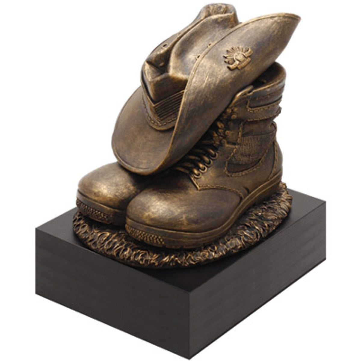 The Master Creations Stand Down Figurine is the perfect present for serving members or veterans. This cold-cast bronze figurine mounted on a wooden block depicts a soldier's slouch hat placed on his combat boots at the end of a long day. This versatile piece can be used as bookends, trophies and will make a great farewell gift. A timeless piece to evoke emotions and discussion. www.moralepatches.com.au