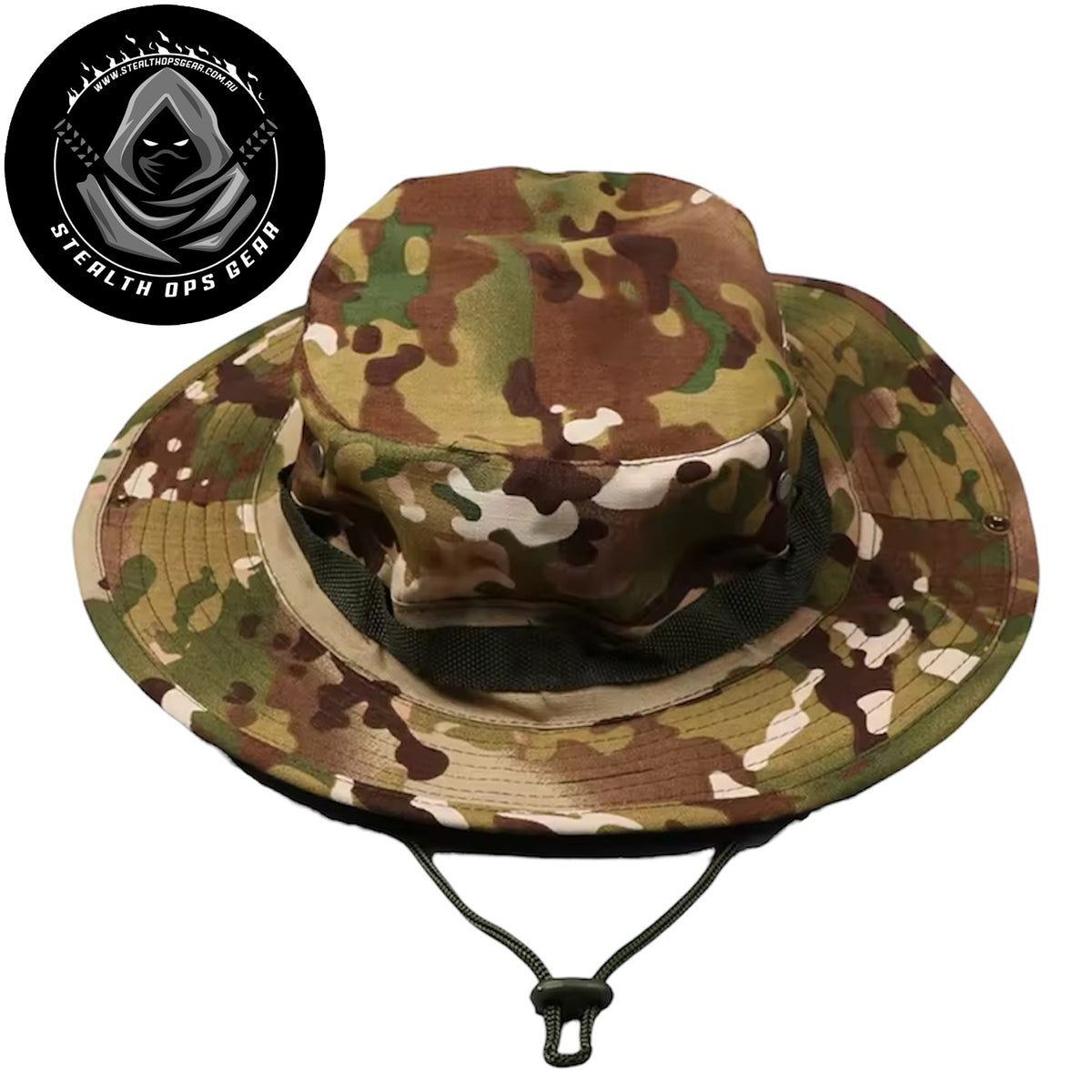 The wide double-layer brim delivers superior sun and weather protection, while four copper mesh eyelets ensure optimal ventilation. Heavy-duty drawstring keeps it secure in the field, and dual studs let you customize the brim position for your preferred stance. Fits 59/60cm heads perfectly. www.moralepatches.com.au