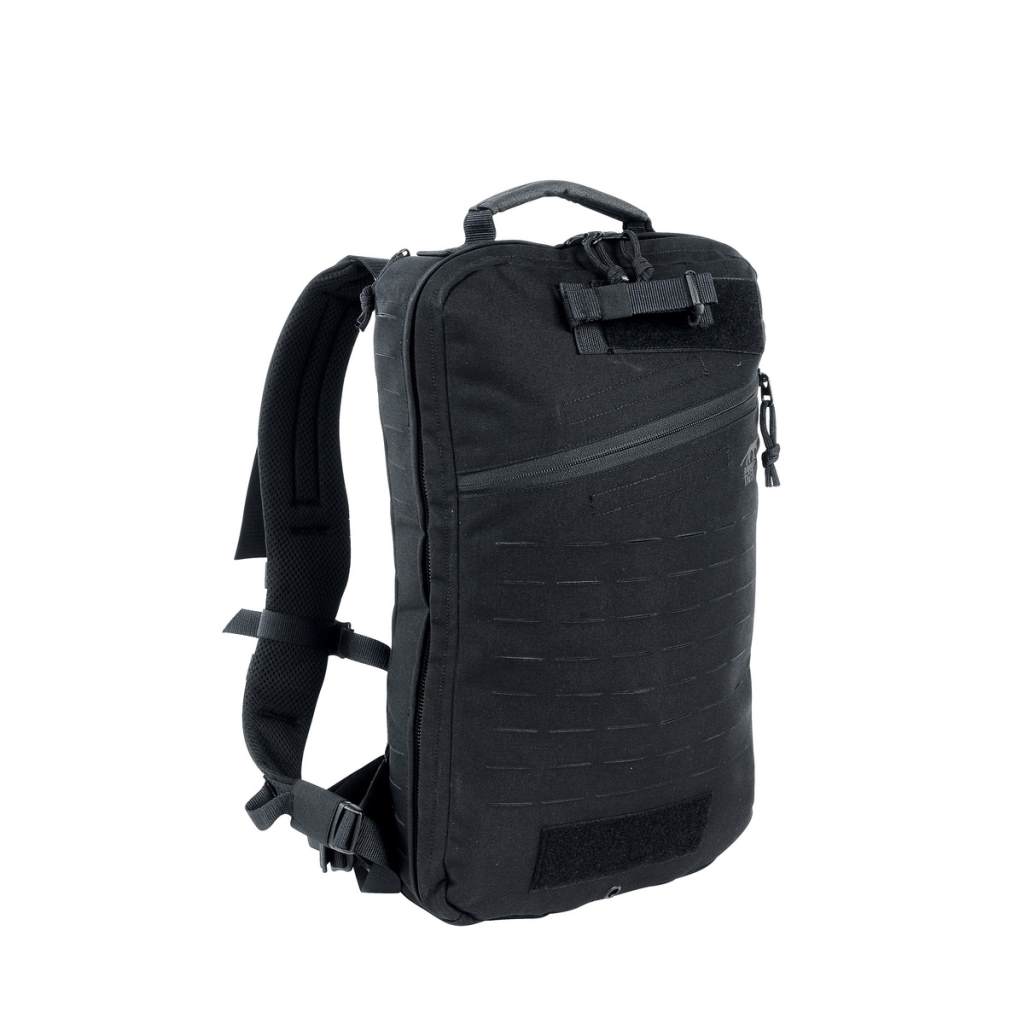 The MOLLE system on the front and sides is laser-cut. The lightweight padded shoulder straps can be detached and kept in a hook-and-loop fastening pocket on the back, and the rucksack comes with webbing so it can be adapted to a panel carrier or waistcoat. Stowable carrying handles for high-speed transportation in an emergency. www.moralepatches.com.au