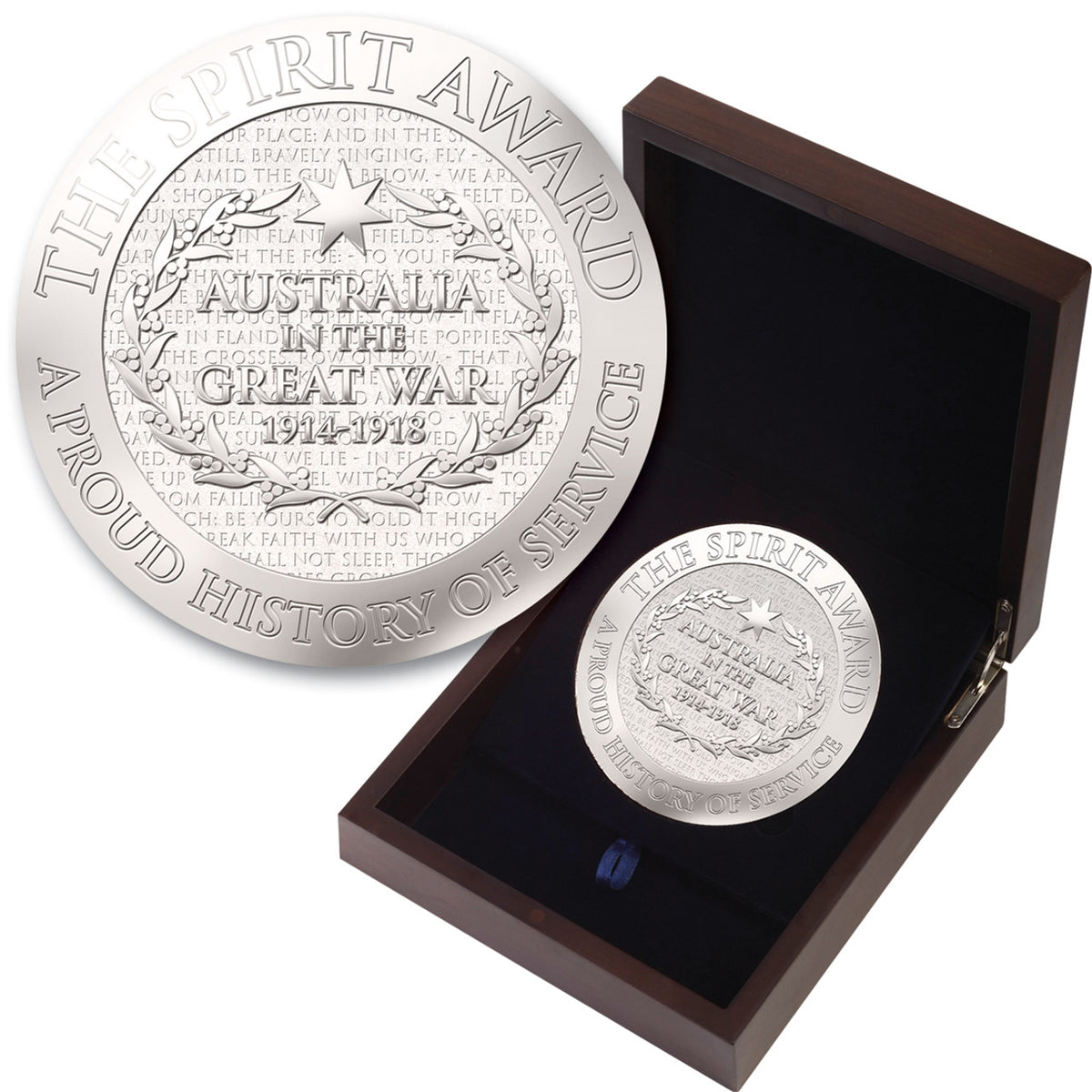The Spirit Award Medallion Sliver With Box 110mm is the perfect keepsake for military enthusiasts and history buffs. This medallion is not only a symbol of honour and bravery but also a unique piece of history. www.moralepatches.com.au