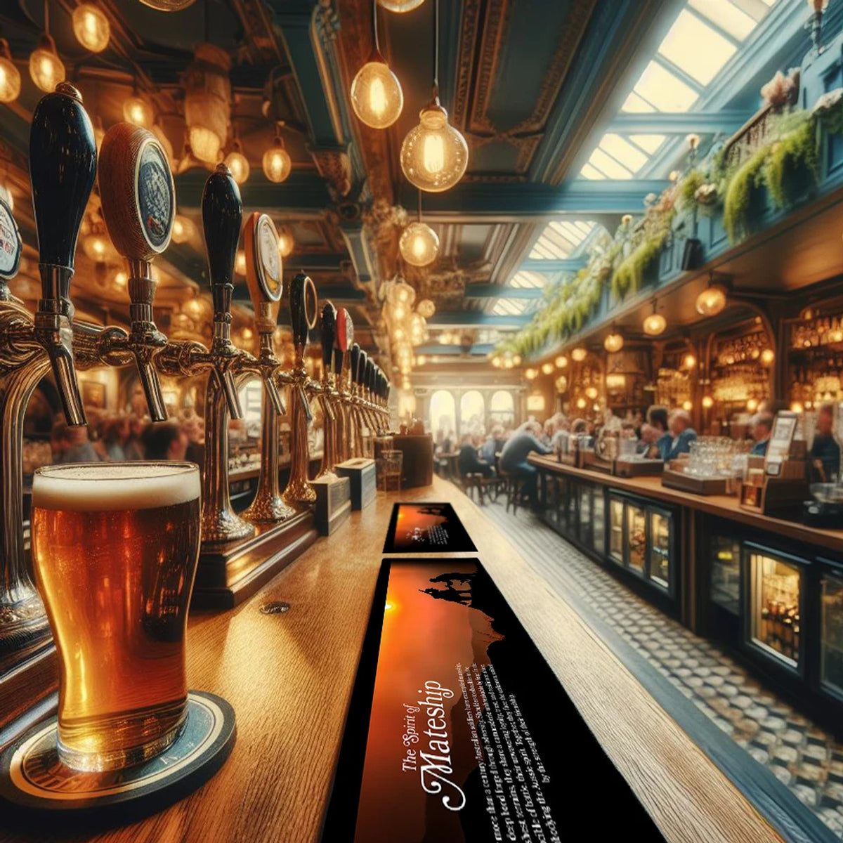 Elevate your bar or club with the "Spirit of Mateship Bar Runner," a stunning tribute to the enduring bond of Australian soldiers. This high-quality bar runner features a striking silhouette image set against a sunset backdrop, depicting a WW1 digger extending a helping hand to a modern Australian soldier navigating a treacherous, muddy battlefield. www.moralepatches.com.au