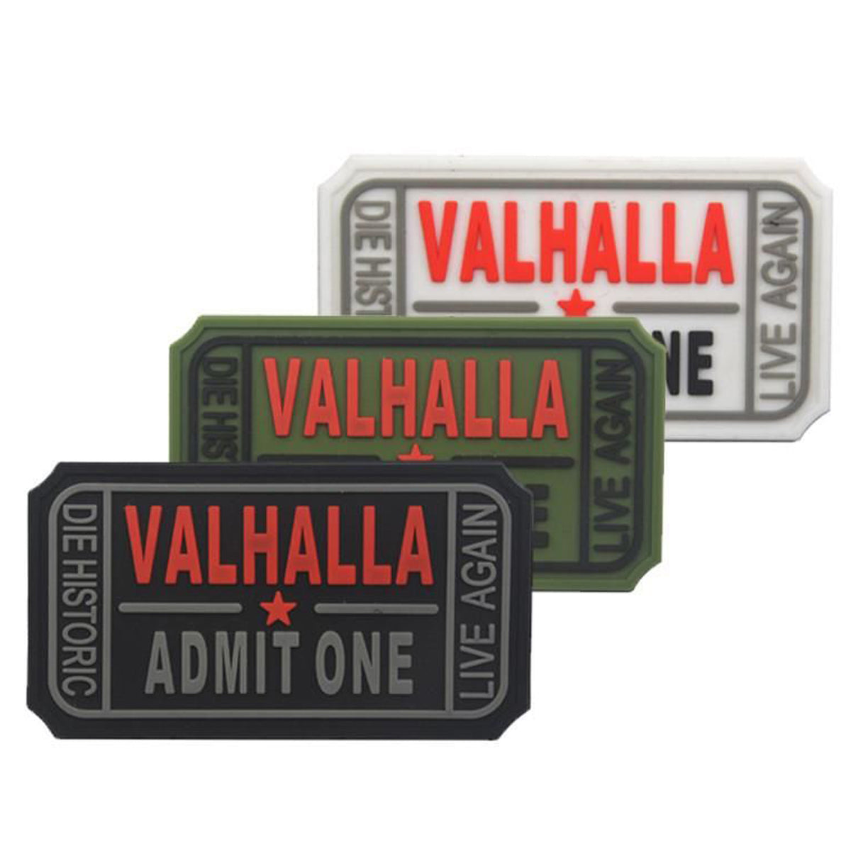 Valhalla Admit One, Die Historic, Live Again PVC Patch, Velcro backed Badge. Great for attaching to your field gear, jackets, shirts, pants, jeans, hats or even create your own patch board. Size: 7.5x4cm www.moralepatches.com.au