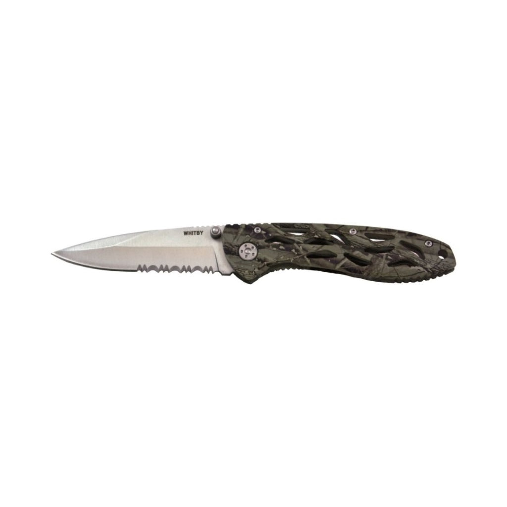 The Whitby Knife (camo) features a durable aluminium handle with a camouflage finish for a secure grip. Its 3.5" stainless steel blade includes a partially serrated edge, perfect for versatile cutting tasks. Compact when closed at 11.4cm, it weighs just 125g for easy carry. Equipped with a pocket clip, thumb stud, and lanyard hole, this knife is designed for convenience and quick access. www.moralepatches.com.au