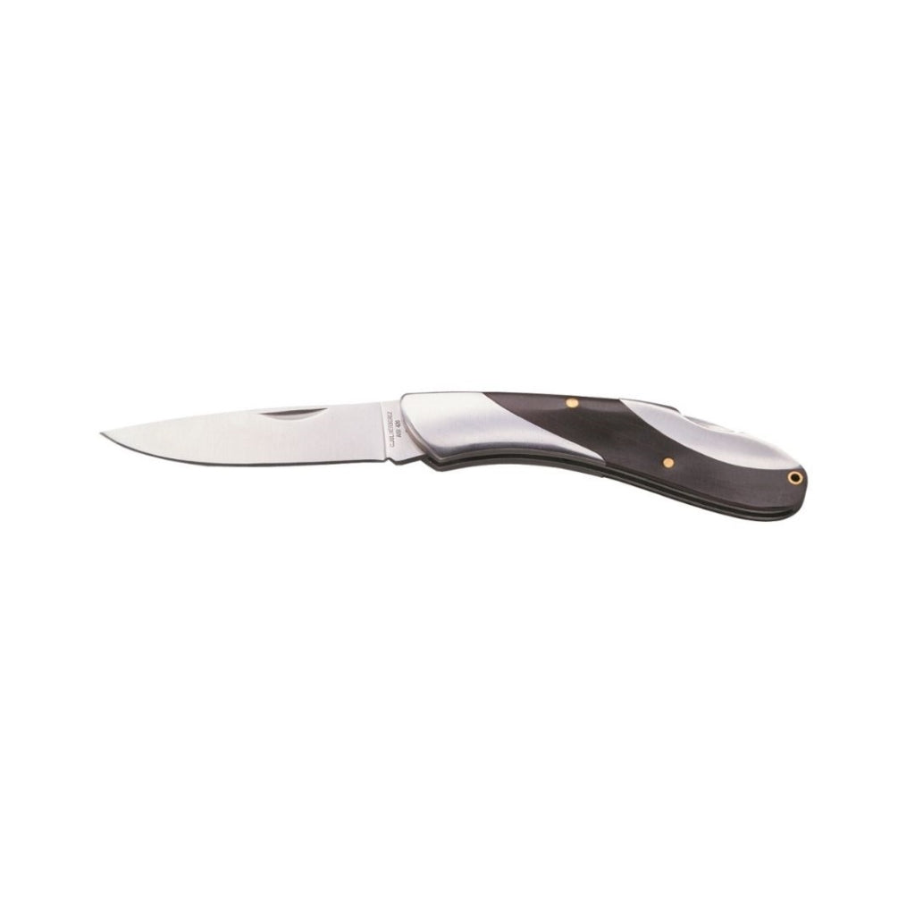 This knife features a handle crafted from stainless steel combined with wood inserts for a comfortable grip. The blade is made of stainless steel and measures 7.6 cm (3 inches) in length. When folded, the knife is 11.45 cm (4.5 inches) long and weighs 117 grams. It also includes a convenient lanyard hole for easy carrying. www.moralepatches.com.au