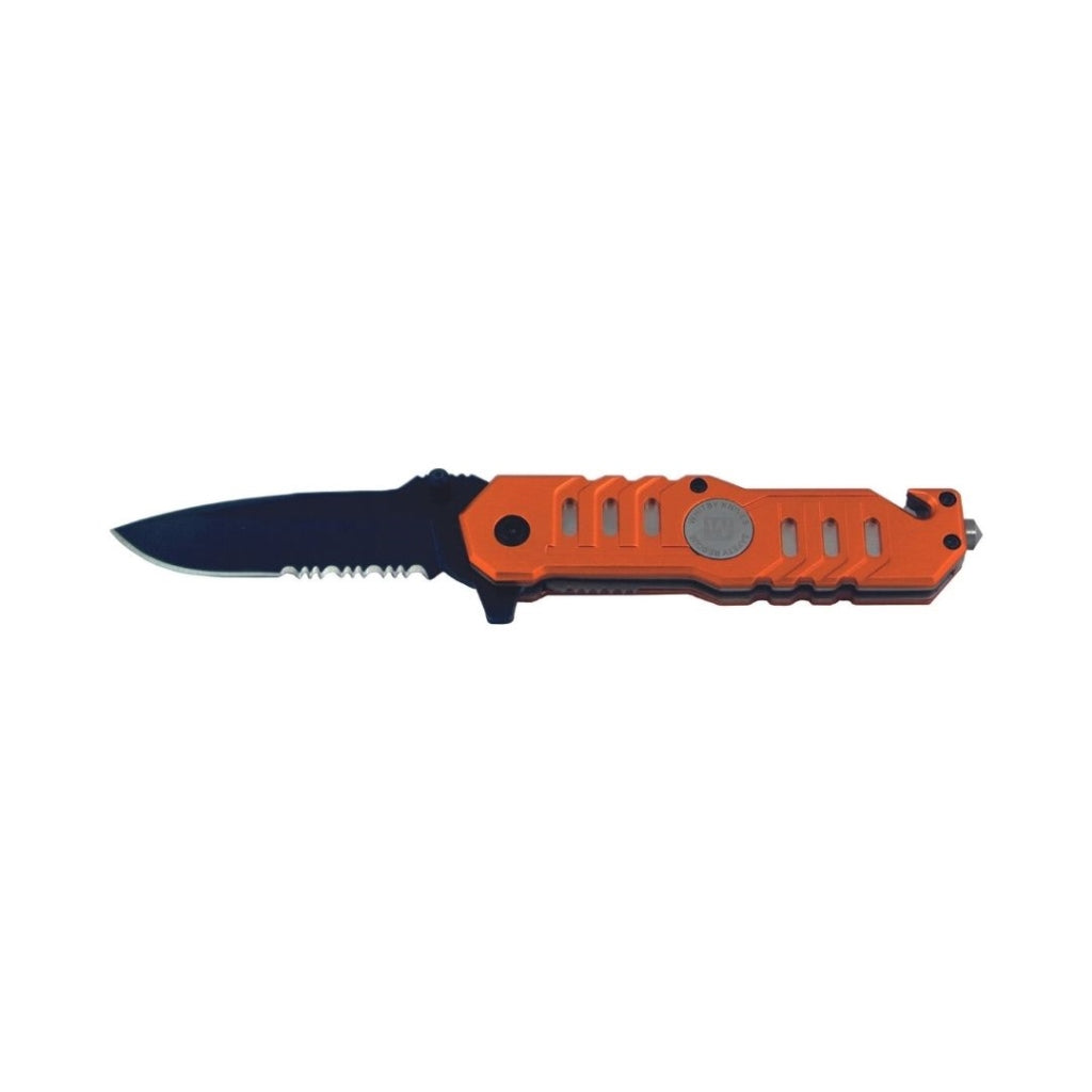 The Whitby Safety Knife features a durable anodised aluminium handle and a stainless steel blade with a black finish, partially serrated for versatile cutting. The blade measures 11.45cm (4.5"), while the knife closes to 12.10cm (4.75") for easy portability. www.moralepatches.com.au