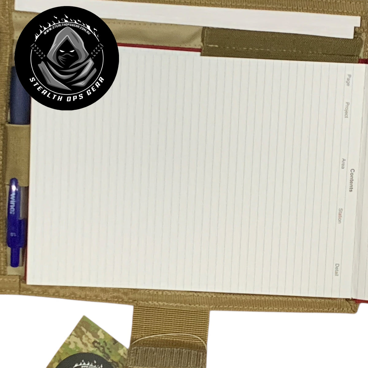 The perfect companion for your Field Survey Notebook is here - the AMCU Survey Notebook Stealth Ops Gear! This notebook cover not only protects your notebook with its elastic loop, but it also has a clear plastic window for maps and additional sleeves for any important papers or objects. Plus, keep your writing utensil within reach with the pen/pencil elastic loop. Upgrade your surveying game with this must-have gear! www.moralepatches.com.au