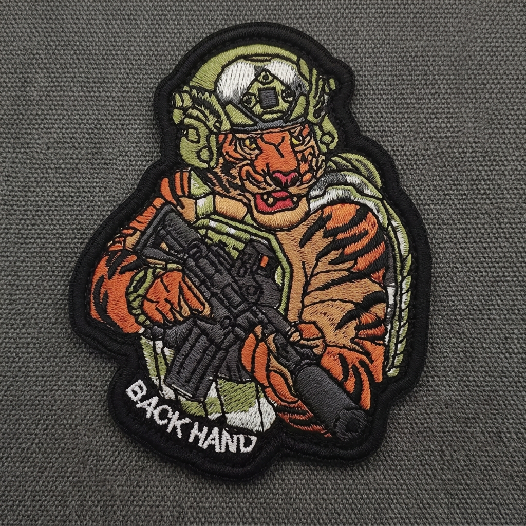 Dark-orange Tactical Tiger embroidered patch on charcoal canvas