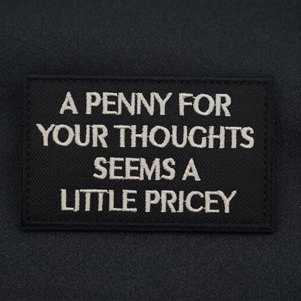 Close-up of A Penny For Your Thoughts patch embroidery on dark fabric