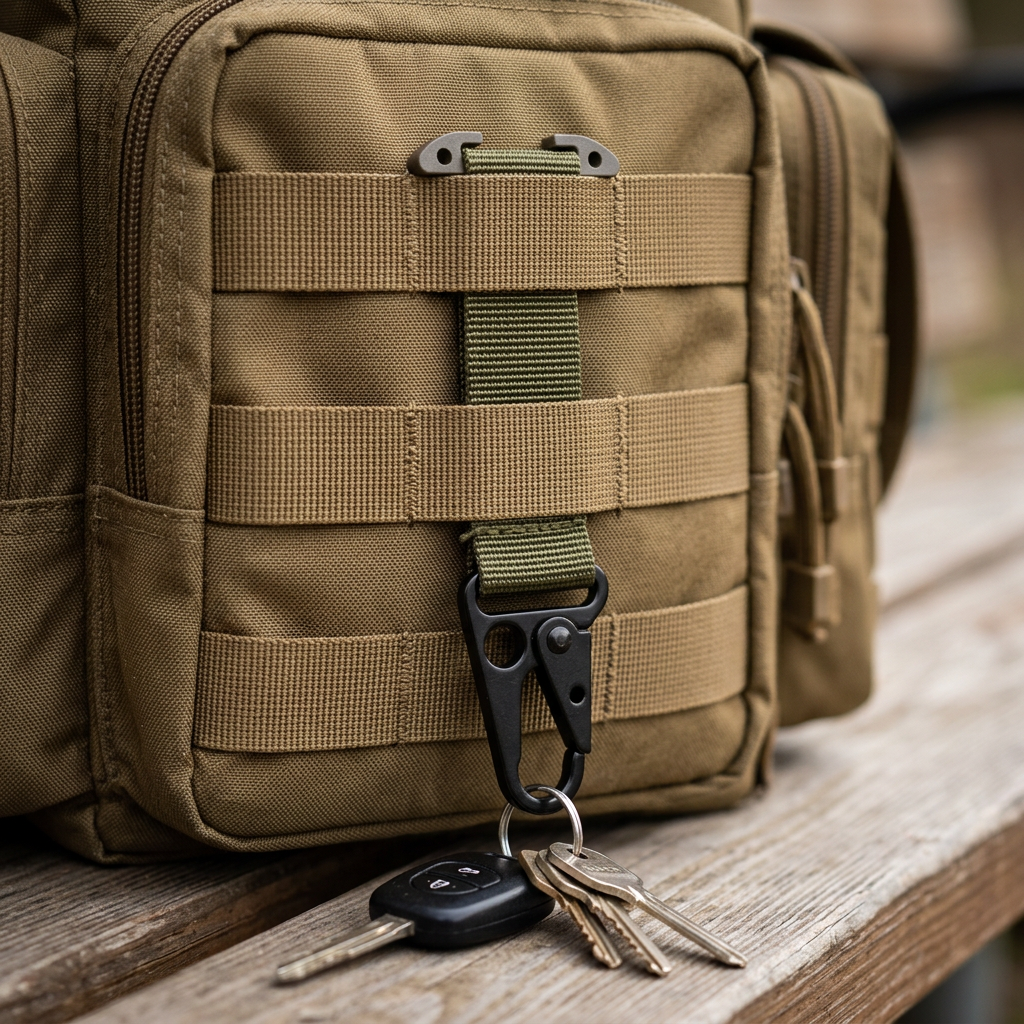 OD green tactical key holder strap threaded behind the MOLLE webbing rows of a coyote-brown tactical range bag, webbing crossing in front, hook and keys hanging free