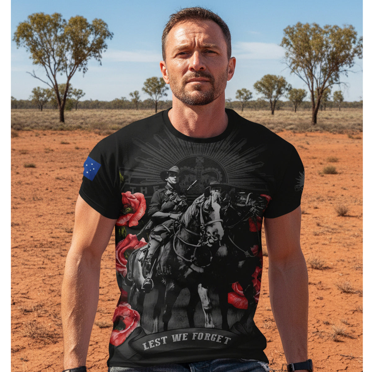 Honour Australia's legendary Light Horse with this striking poppy tribute tee. Crafted from breathable 100% polyester, it's designed for comfort whether you're wearing it casually or as a meaningful statement piece. Perfect for those who value our military heritage and want to keep that proud legacy visible every day. www.moralepatches.com.au