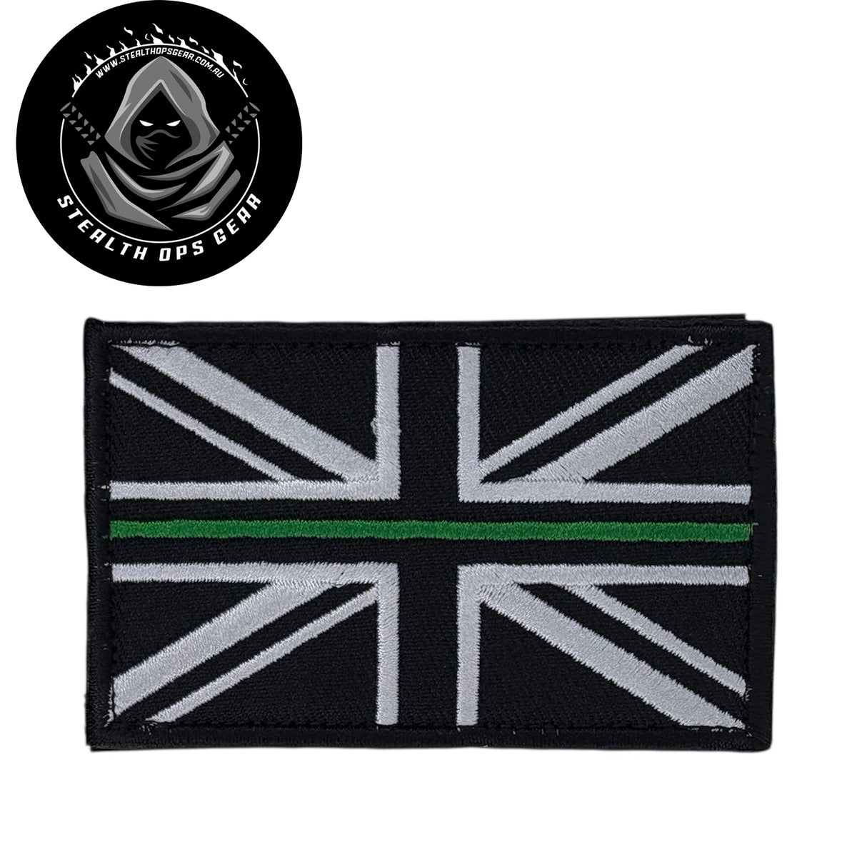 UK Thin Green Line Embroidery Morale Patch - Stealth Ops Gear, measuring 8x5cm, is a striking and durable addition to personalize your gear with style and toughness. Crafted with high-quality embroidery, this patch features a versatile pattern that blends seamlessly with various tactical and outdoor equipment. www.moralepatches.com.au