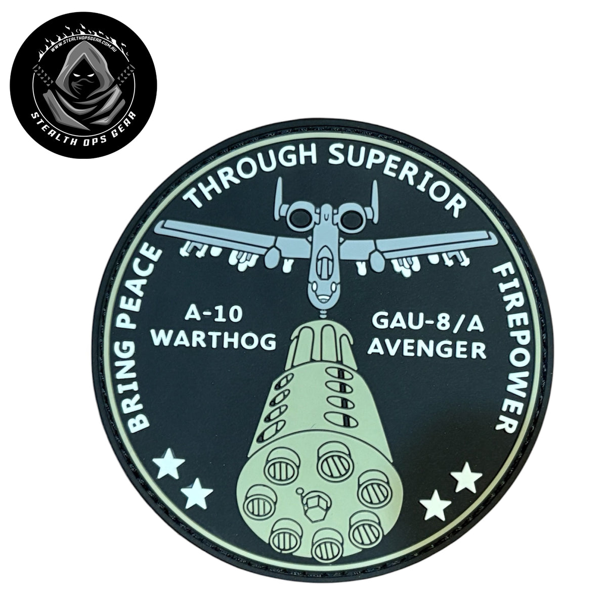 A-10 Warthog Peace Through Firepower PVC Morale Patch - Stealth Ops Gear. This bold PVC morale patch delivers attitude and authenticity to your tactical gear, backpack, or everyday carry. www.moralepatches.com.au