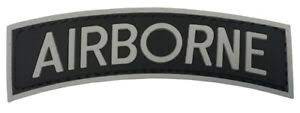 AIRBORNE Tab PVC Patch Black and Grey, Velcro backed Badge. Great for attaching to your field gear, jackets, shirts, pants, jeans, hats or even create your own patch board. Size: 9x2.4cm