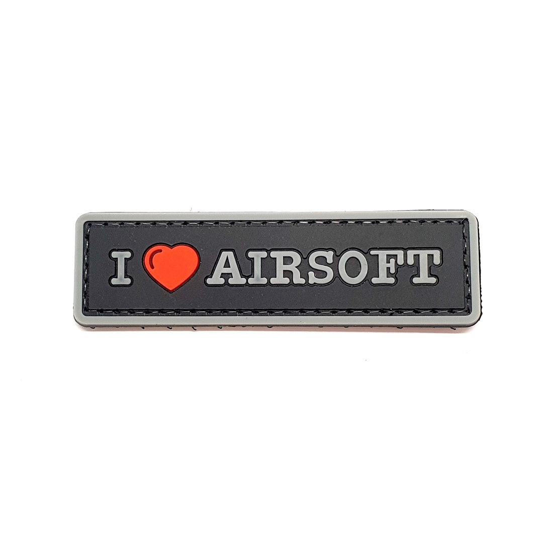 I Love Airsoft PVC Patch, Velcro backed Badge. Great for attaching to your field gear, jackets, shirts, pants, jeans, hats or even create your own patch board. Size: 8.5x2.5cm