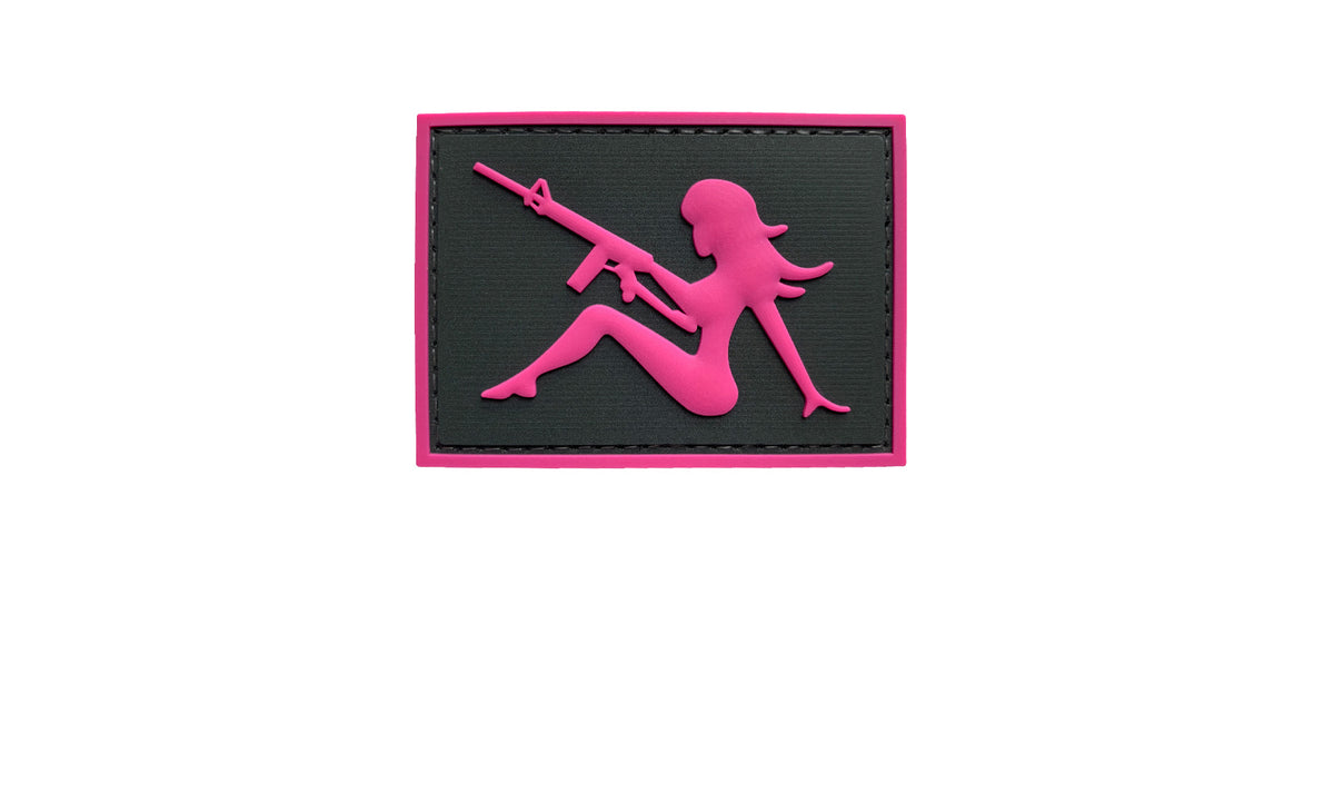 Mudflap Girl with Rifle on Right Hand PVC Patch, Velcro backed Badge. Great for attaching to your field gear, jackets, shirts, pants, jeans, hats or even create your own patch board. Size: 7x5cm