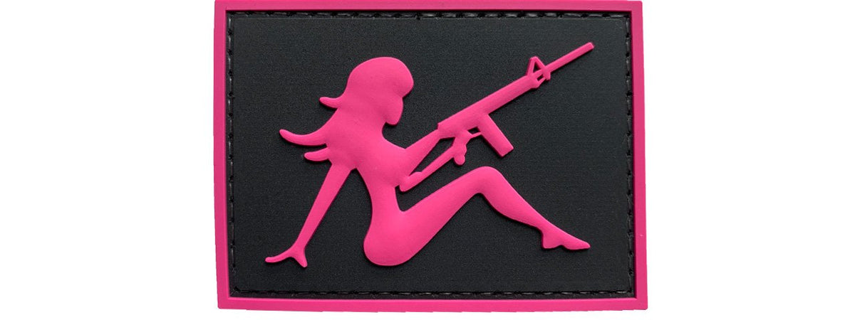 Girl with Rifle on Left Hand PVC Patch, Velcro backed Badge. Great for attaching to your field gear, jackets, shirts, pants, jeans, hats or even create your own patch board. Size: 7x5cm moralepatches.com.au