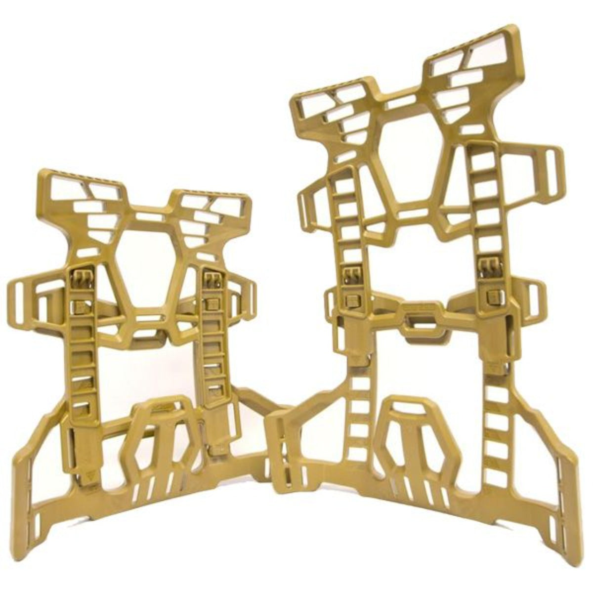 Provides 115 mm of vertical adjustability (413 to 528 mm total height) 5 size configurations Accommodates the 1 st to 99 th percentile user Total weight of 860 grams/ 1.9lb Secure release system Multiple pack mounting slots on frame to ingrate with COTS/ MOTS solutions Patented Lumbar Support for increased comfort and standoff. Integrates with plate carrier allowing back pack to fit within the standoff cavity Moulded polymer construction for strength Environmental stabilises