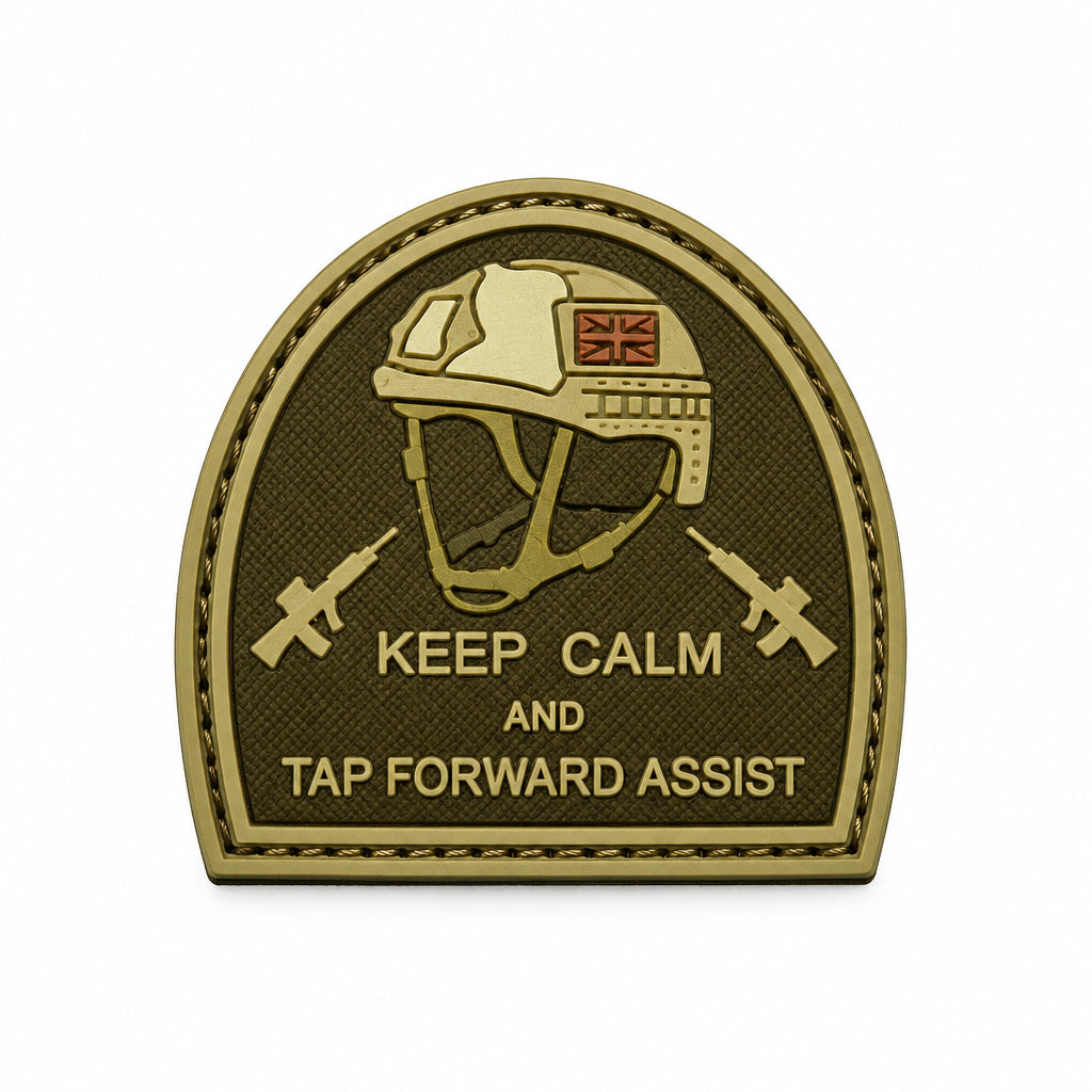 Keep Calm and Tap Forward Assist Carved Background PVC Patch Coyote Tan, Velcro backed Badge. Great for attaching to your field gear, jackets, shirts, pants, jeans, hats or even create your own patch board. Size: 5cm www.moralepatches.com.au