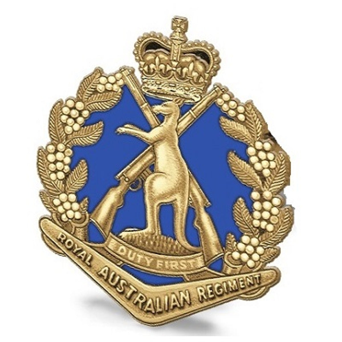 The 1st Battalion Royal Australian Regiment (1RAR) 20mm full-colour enamel lapel pin. This beautiful gold-plated lapel pin will look great on both your jacket and your cap. Specifications: Material: Gold-plated zinc alloy, enamel fill Colour: Gold, blue Size: 20mm www.moralepatches.com.au