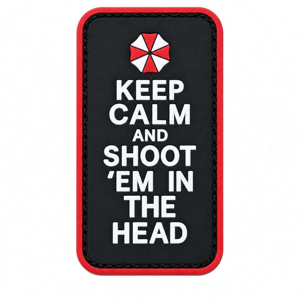Keep Calm and Shoot 'Em in the Head PVC Patch, Velcro backed Badge. Great for attaching to your field gear, jackets, shirts, pants, jeans, hats or even create your own patch board. Size: 9x5cm www.moralepatches.com.au