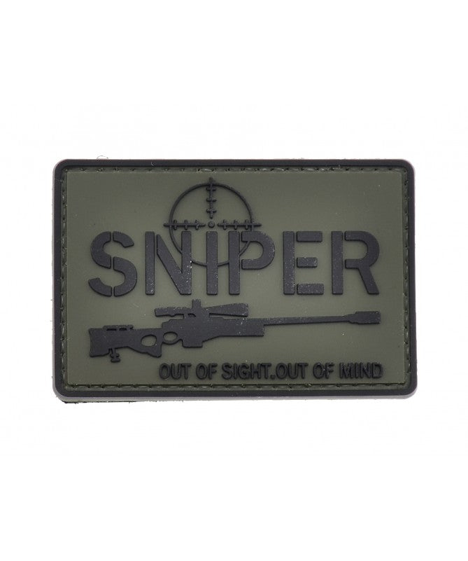 Sniper, Out of Sight, Out of Mind PVC Patch, Velcro backed Badge. Great for attaching to your field gear, jackets, shirts, pants, jeans, hats or even create your own patch board. Size: 7.5x5cm