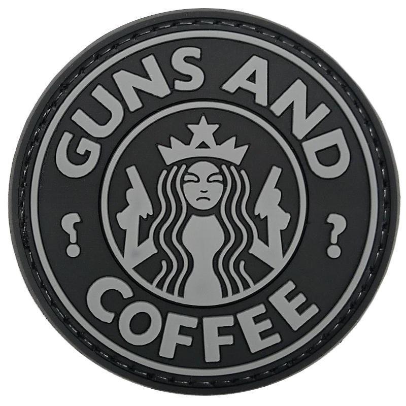 Guns and Coffee PVC Patch, Velcro backed Badge. Great for attaching to your field gear, jackets, shirts, pants, jeans, hats or even create your own patch board. Size: 6cm